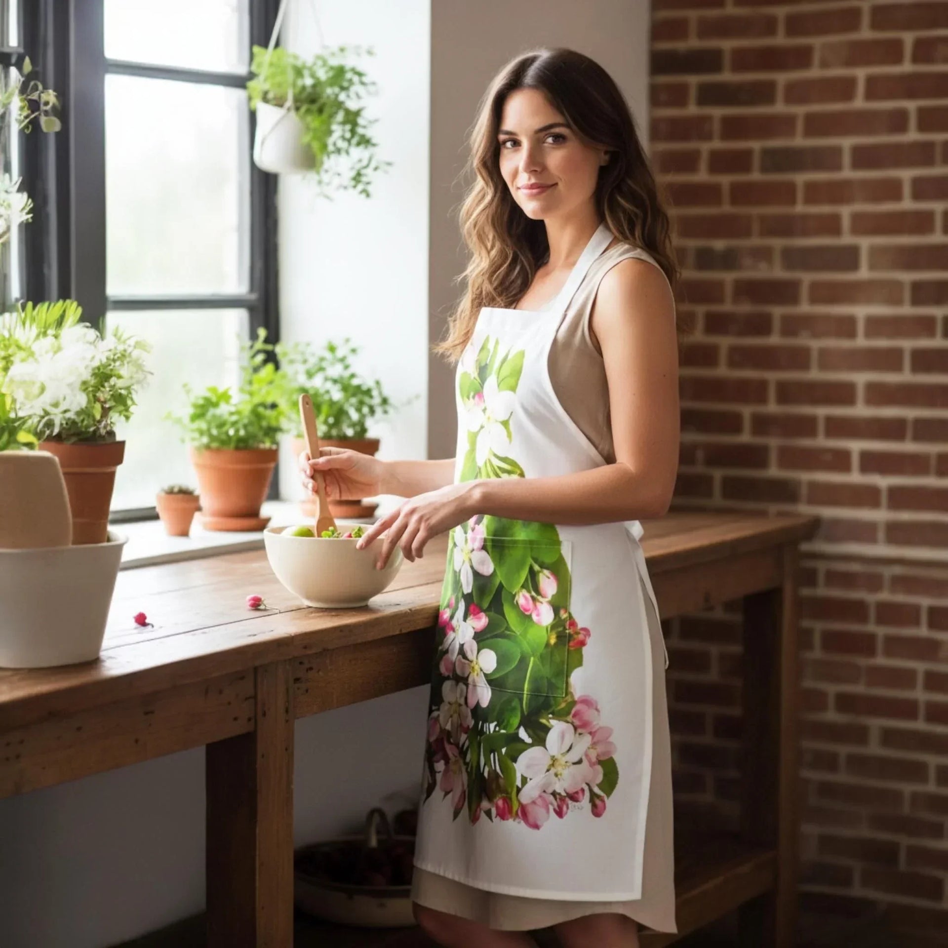 Woman in floral apron mixing salad at rustic kitchen counter with plants and brick wall