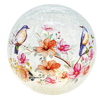 Crackle glass sphere with painted birds and flowers, home décor accent piece