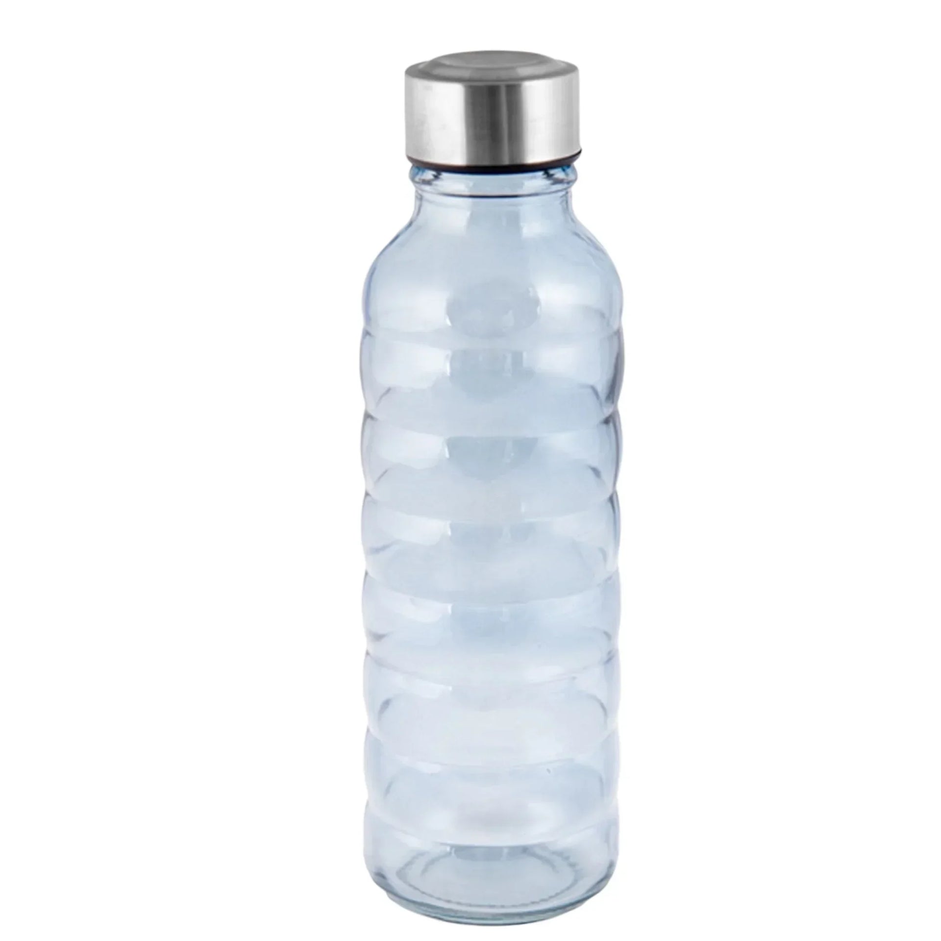 Clear ribbed water bottle with stainless steel lid, modern home accessory for kitchen or office use