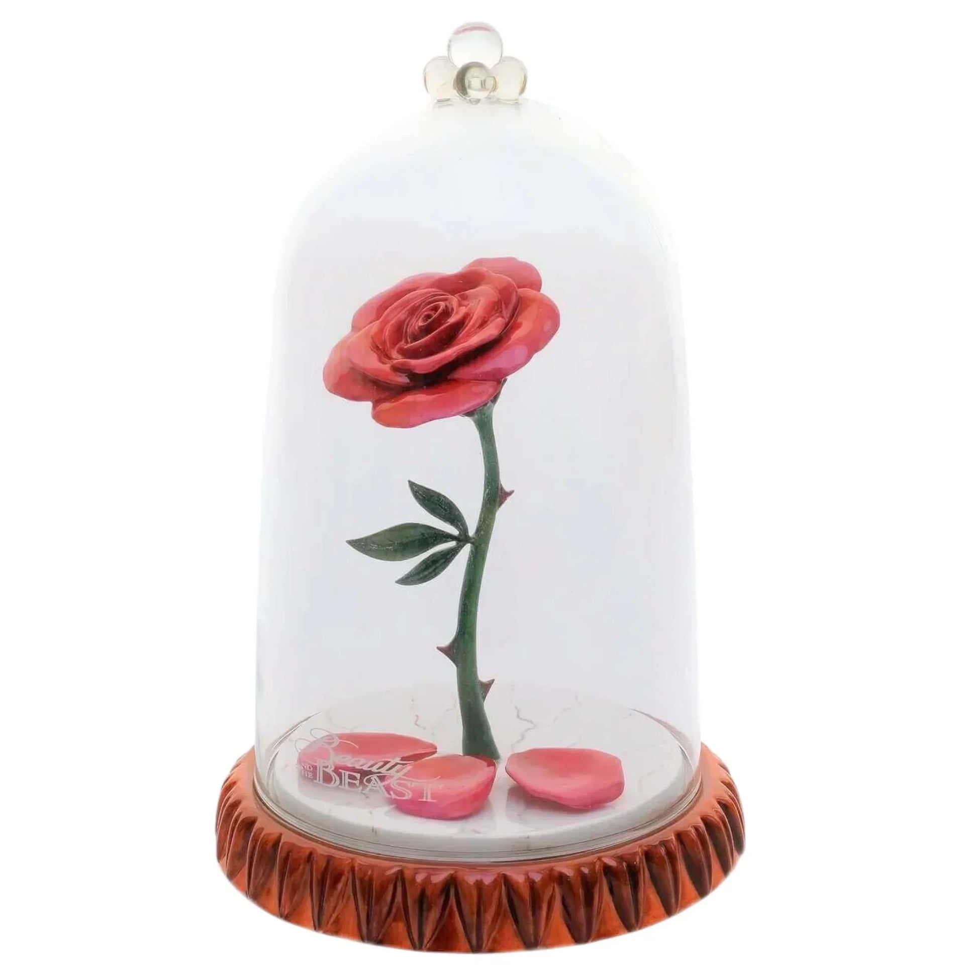 Red rose in glass dome with 'Beauty and the Beast' base, elegant home décor accent piece