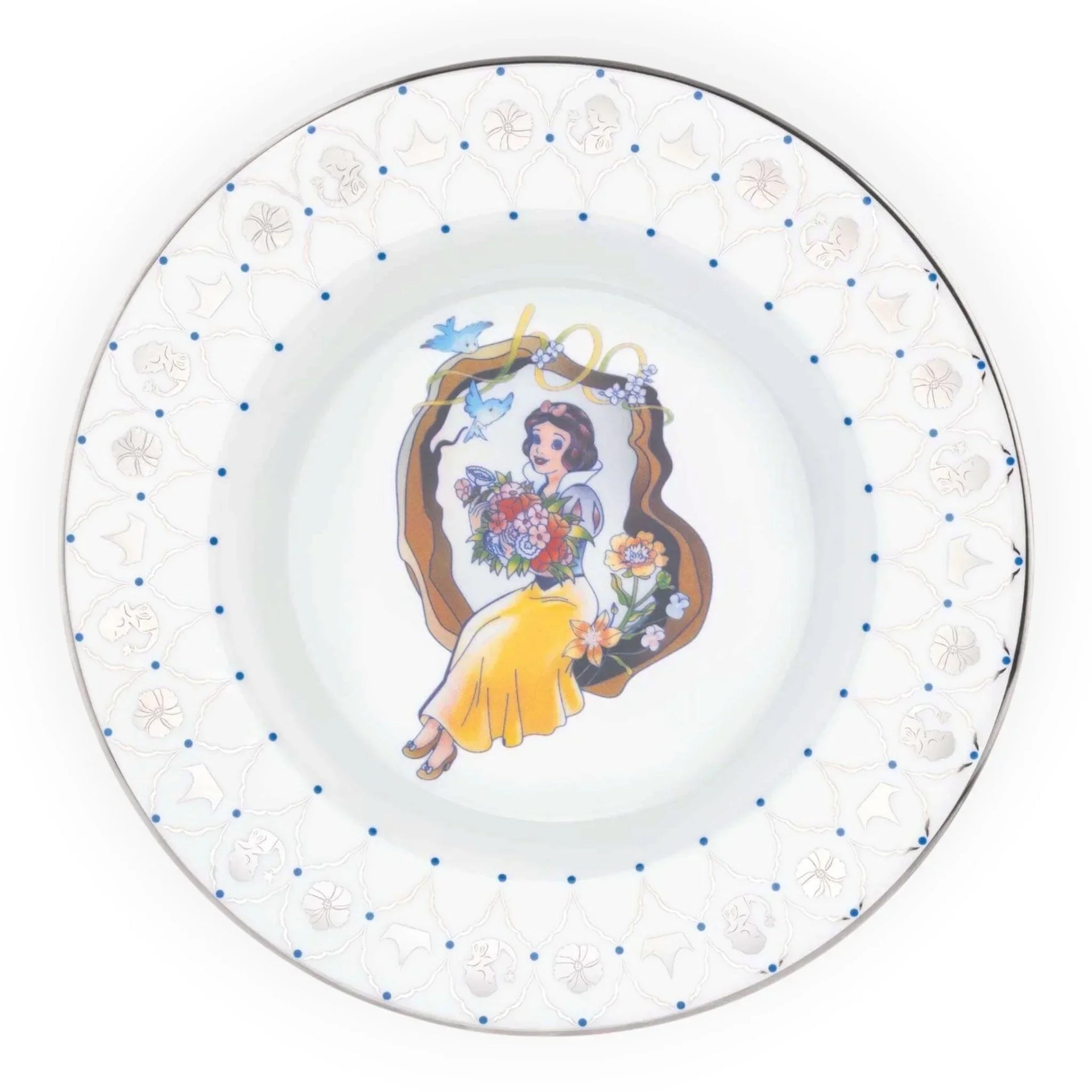 Snow White porcelain plate with floral bouquet, blue birds, and ornate border for home decor