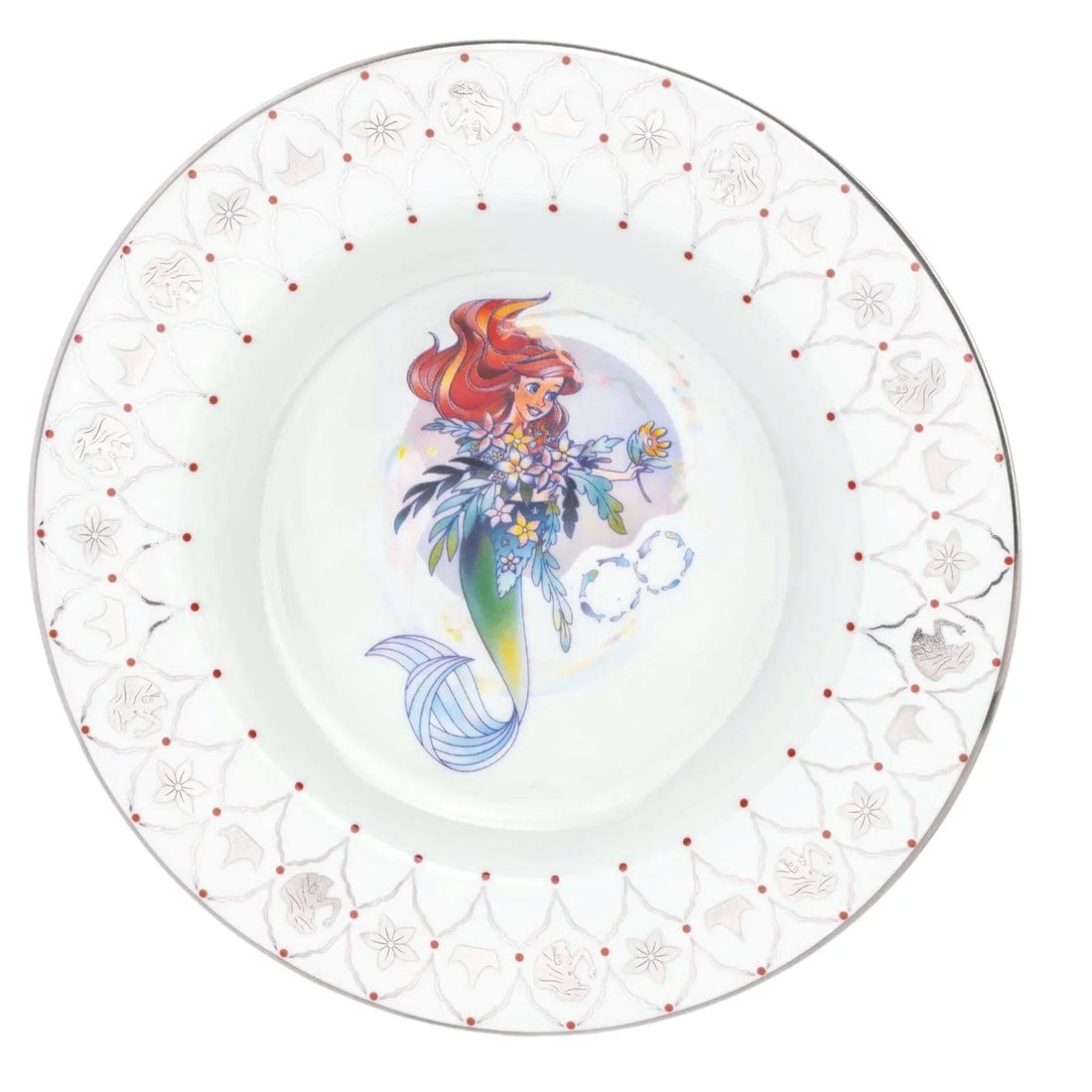 Mermaid-themed dinner plate with floral design, silver accents, and red dot border for home decor