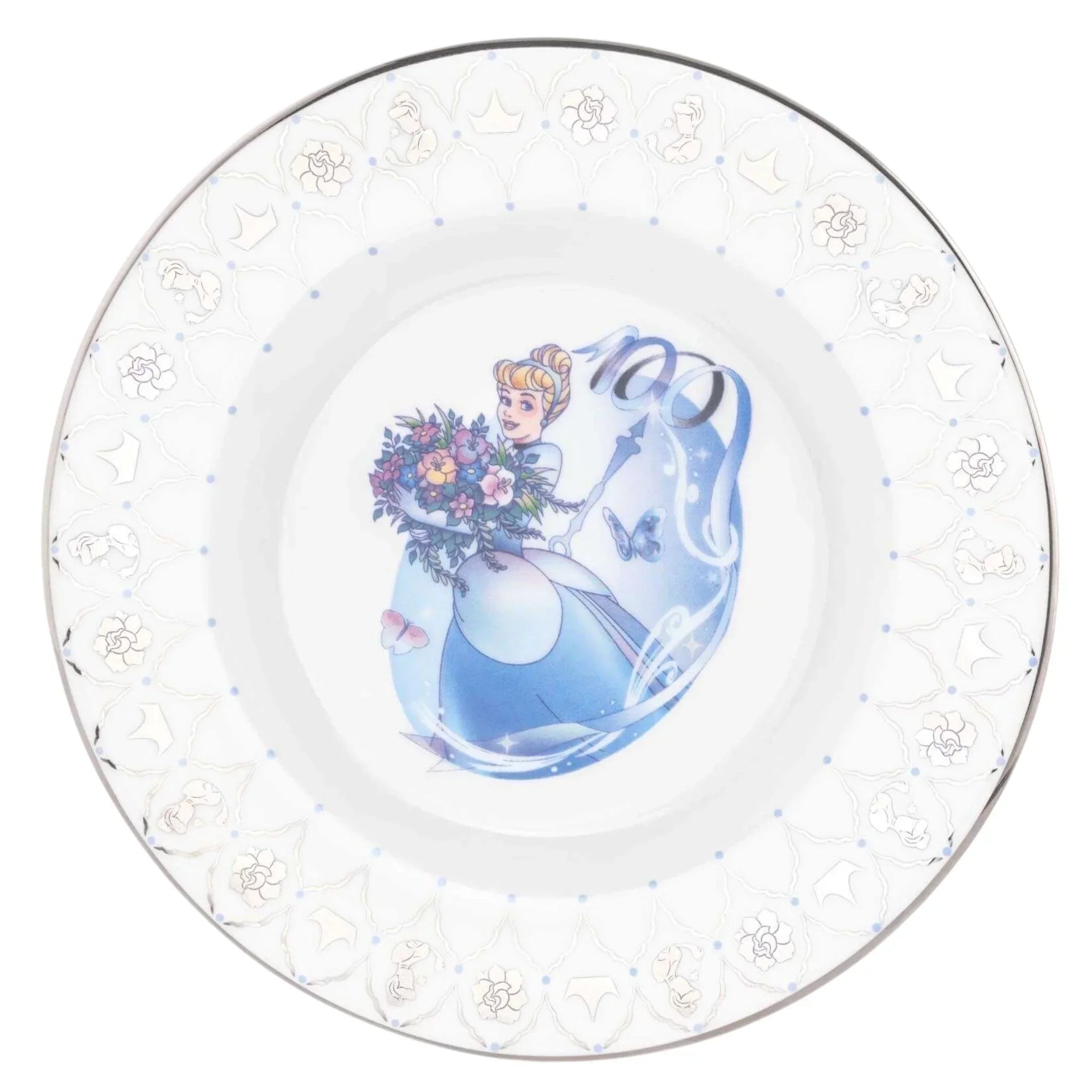 Cinderella dinner plate with floral bouquet, blue gown, and crown motifs, elegant home decor