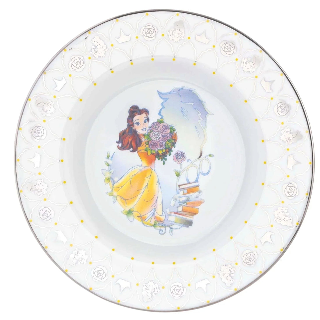 Belle Disney princess plate with rose bouquet, books, and elegant border design for home decor