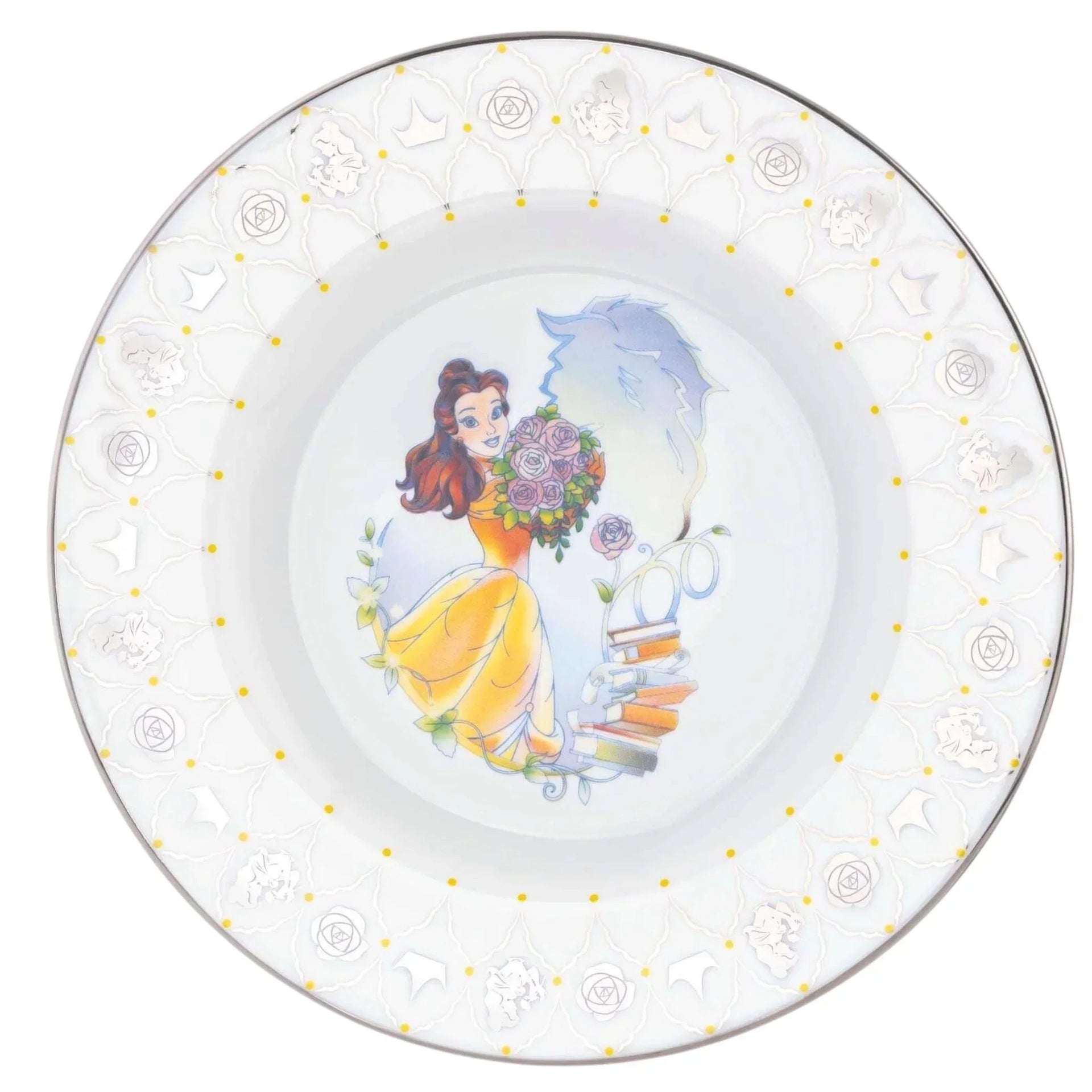 Belle Disney princess plate with rose bouquet, books, and elegant border design for home decor