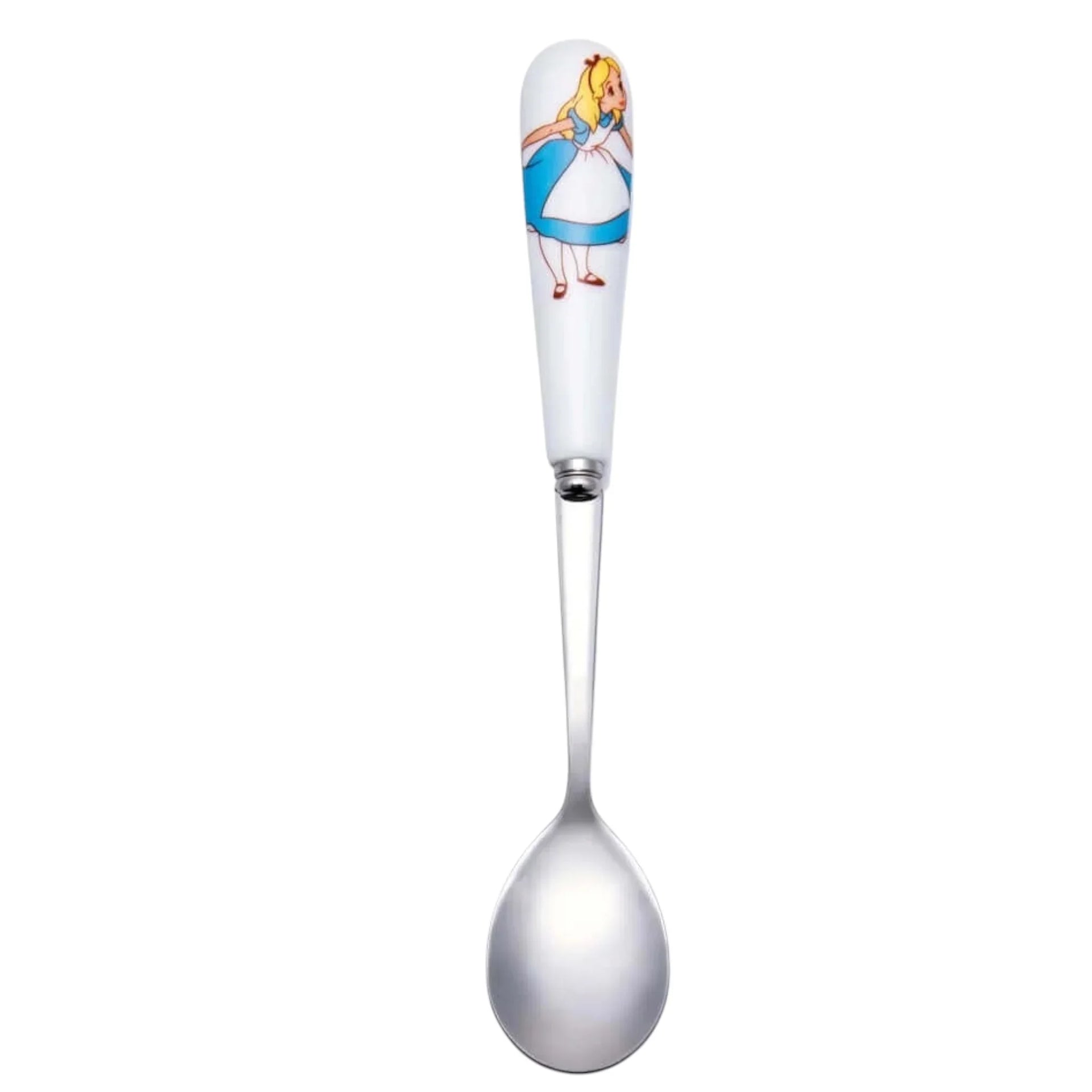 Alice in Wonderland themed spoon with white handle featuring classic character illustration, perfect for vintage home decor