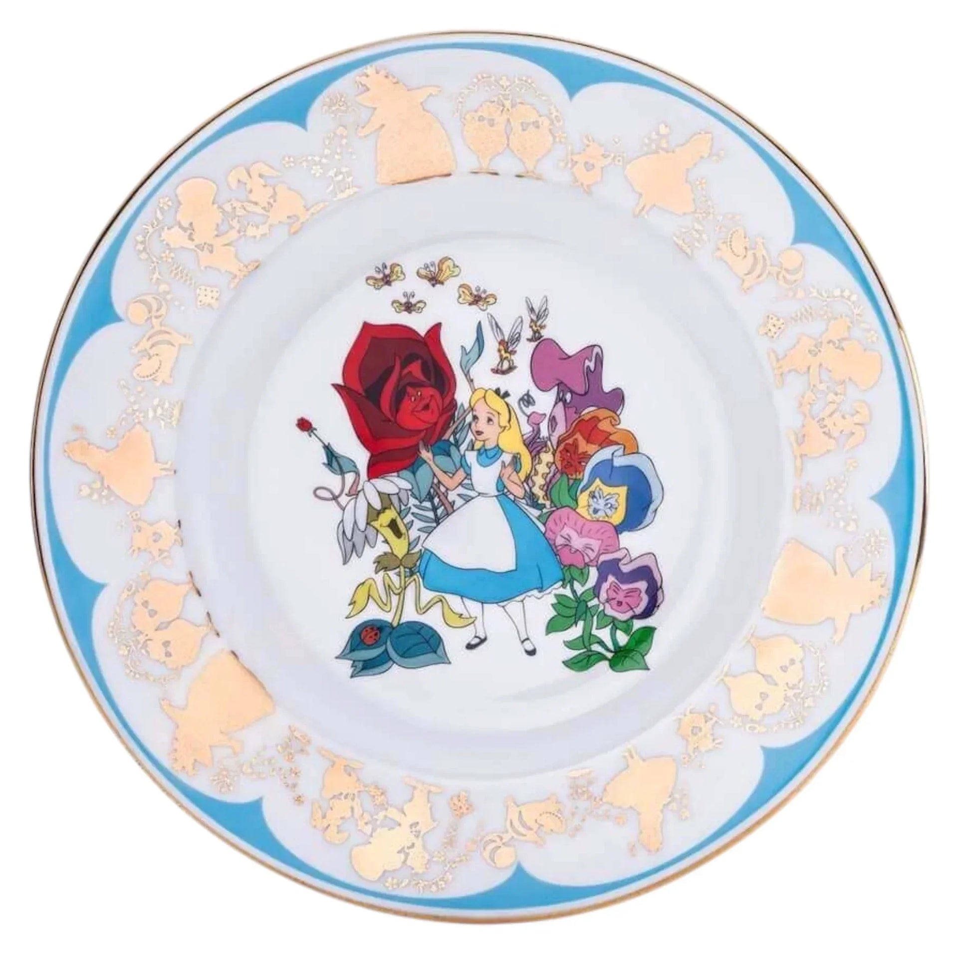Alice in Wonderland decorative plate with floral design and gold accents, perfect for home décor