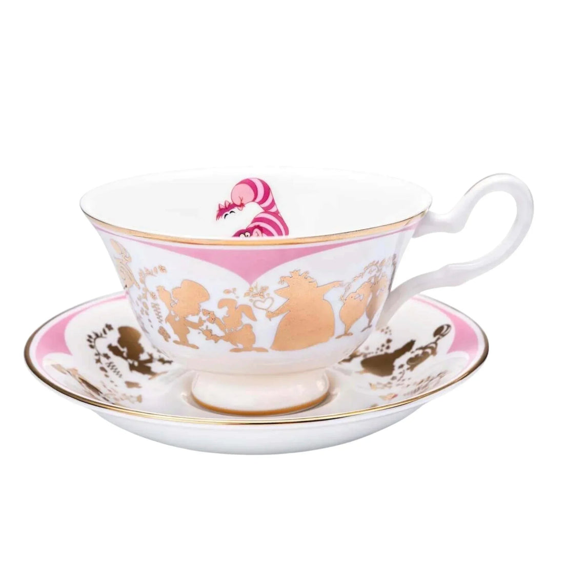 Elegant white teacup with pink and gold Alice in Wonderland design, featuring Cheshire Cat and classic characters on saucer.