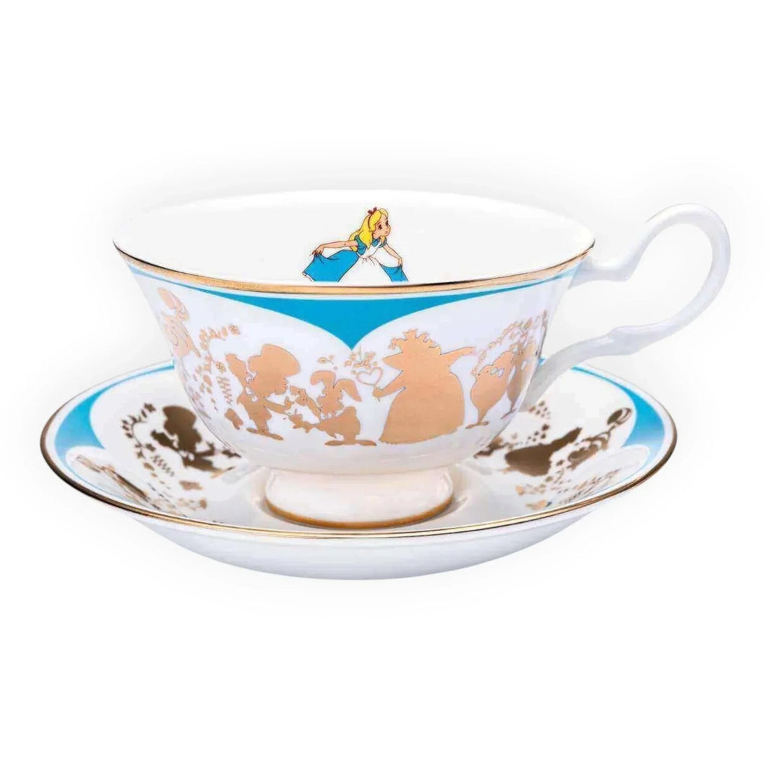 Alice in Wonderland tea cup and saucer with gold silhouettes, blue accents, and vintage Disney design