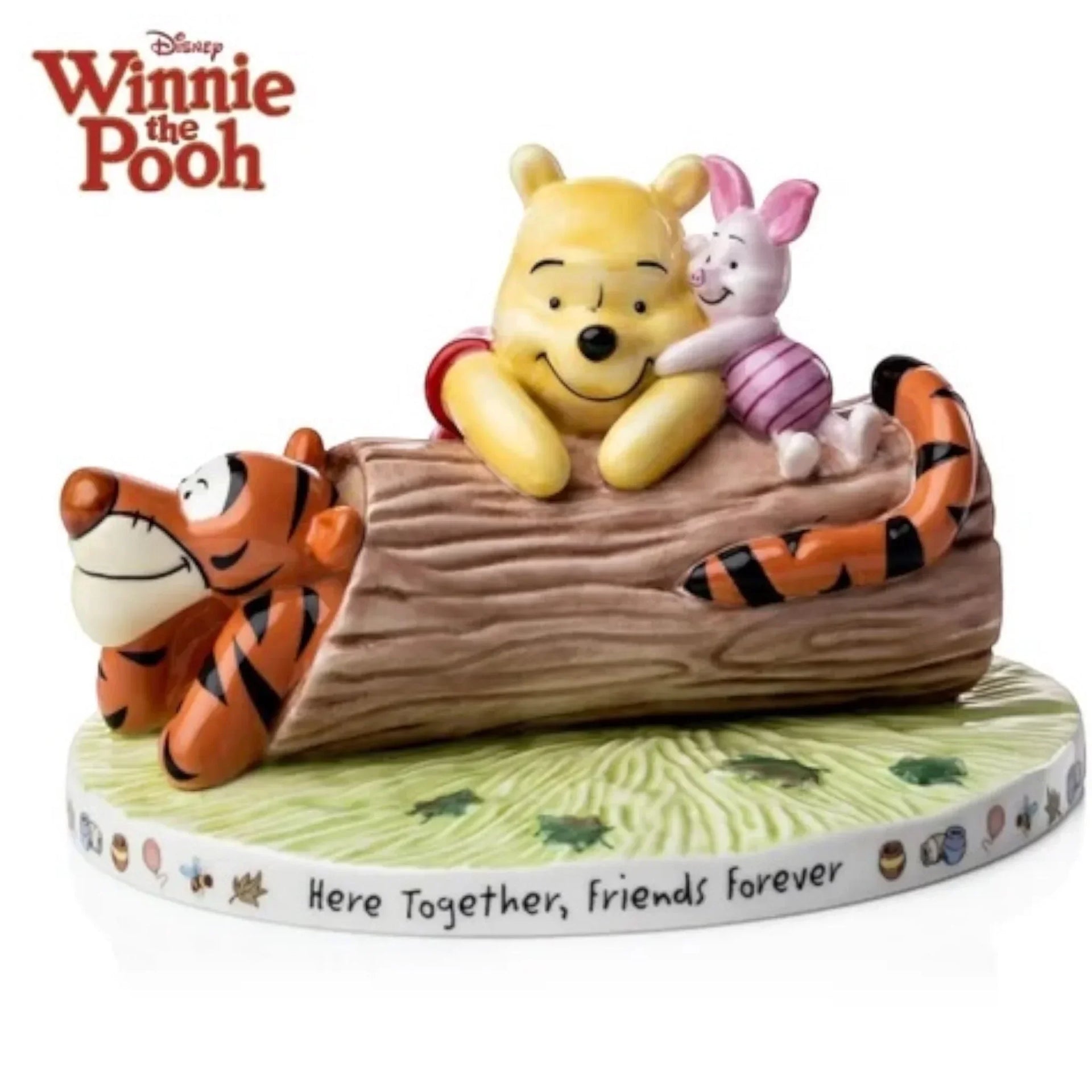 Winnie the Pooh, Piglet, and Tigger figurine on log base, 'Here Together, Friends Forever' — Disney collectible home décor