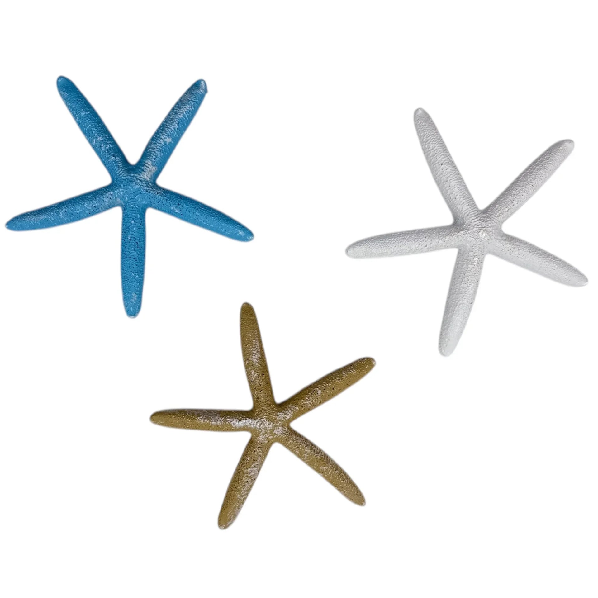 Three textured starfish wall decor in blue, silver, and gold for coastal home styling