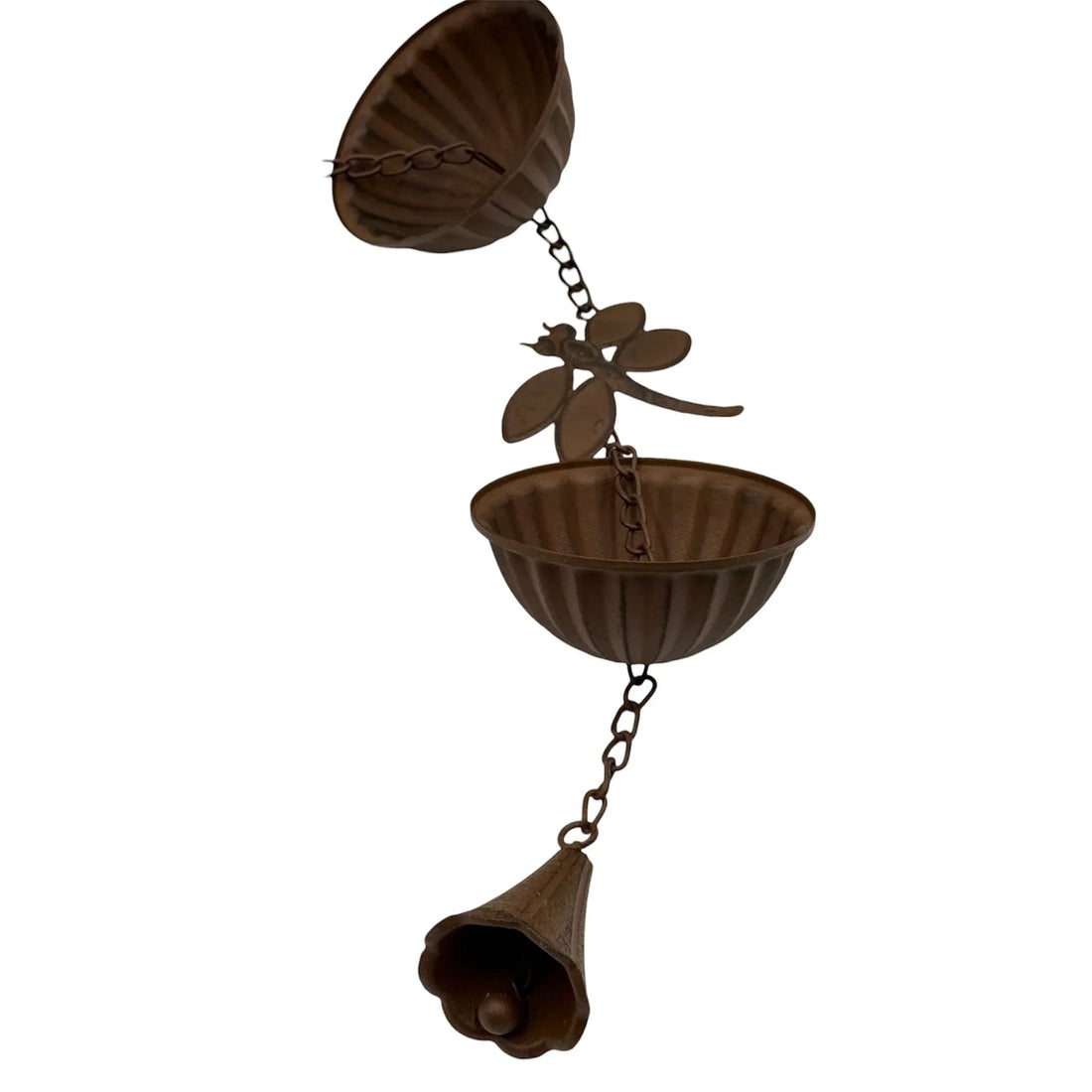 Rustic bronze rain chain with dragonfly accent, fluted cups & bell, perfect for garden or patio decor