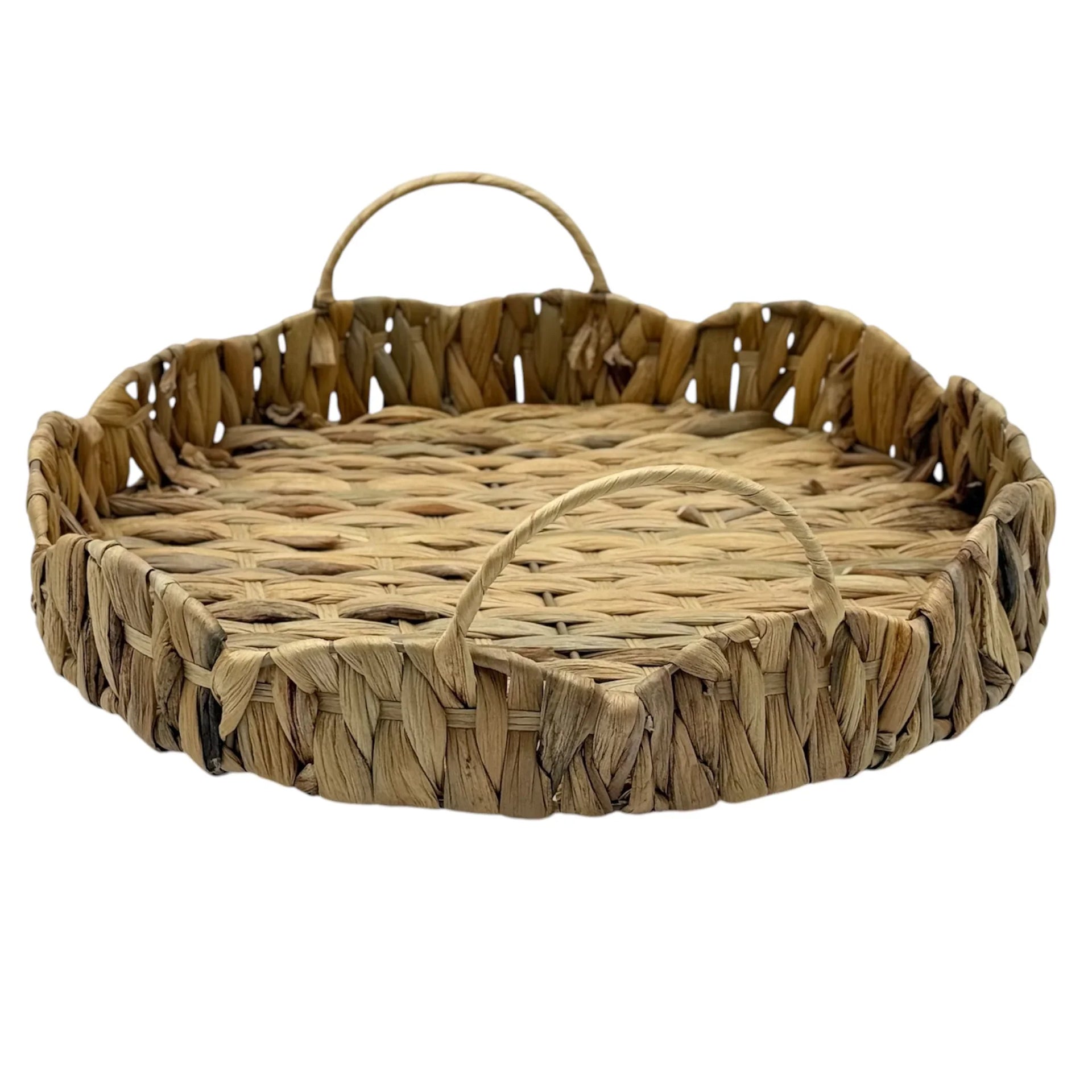 Round woven seagrass tray with handles, natural boho home decor for living room or kitchen