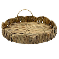 Round woven seagrass tray with handles, natural boho home decor for living room or kitchen