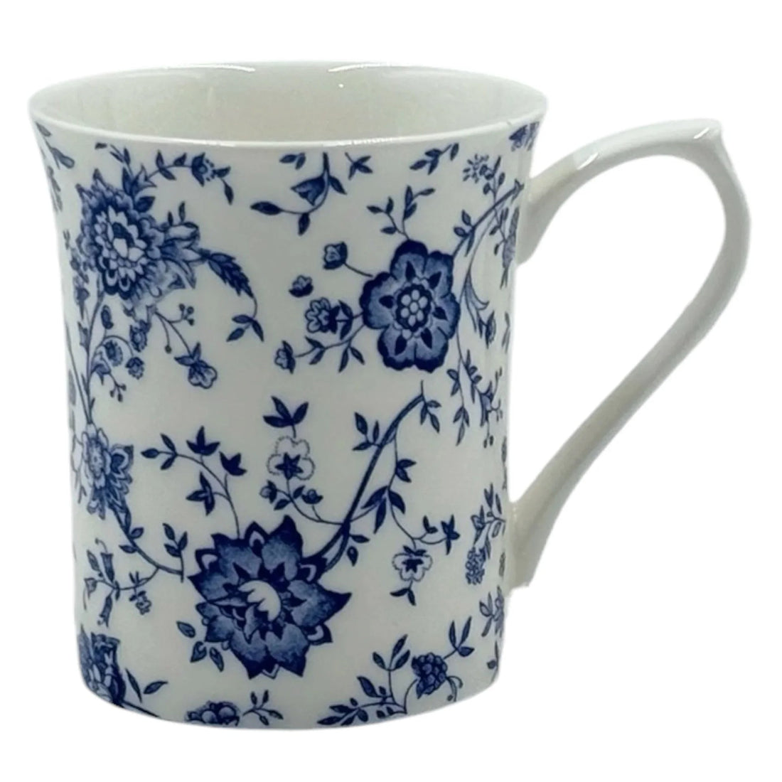 White ceramic mug with blue floral vine pattern, elegant home décor accent piece