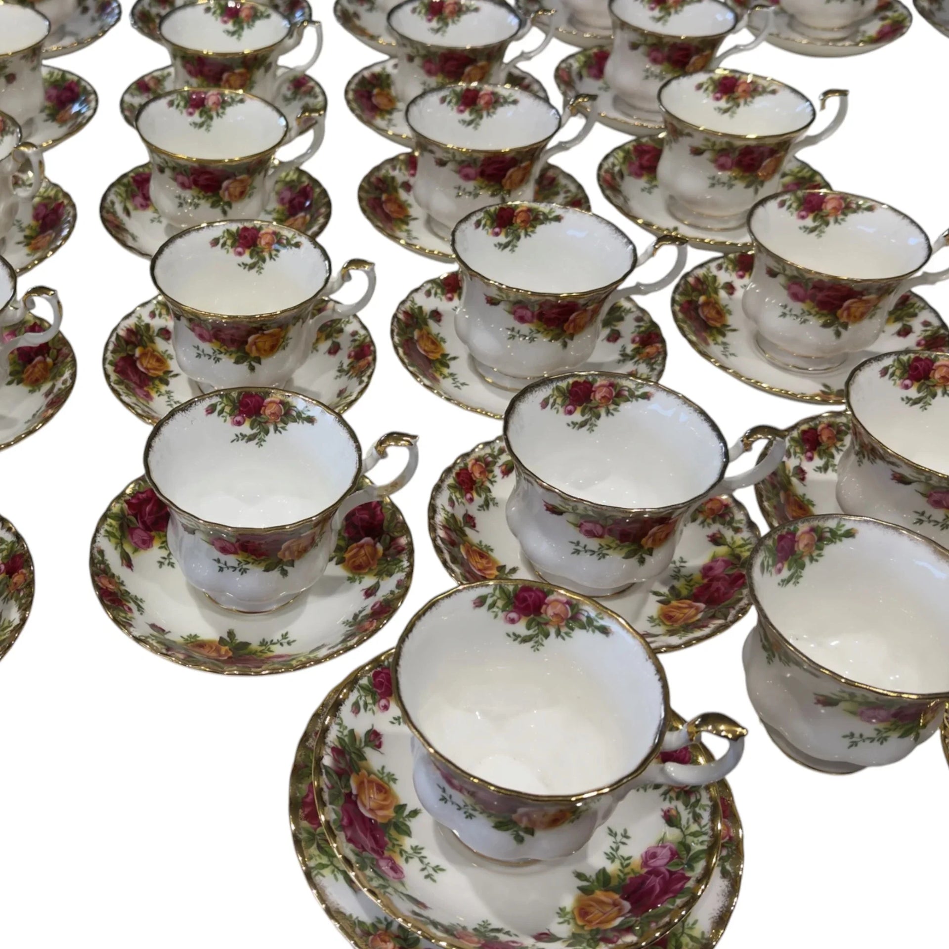 Vintage floral teacups with gold trim, elegant home decor set