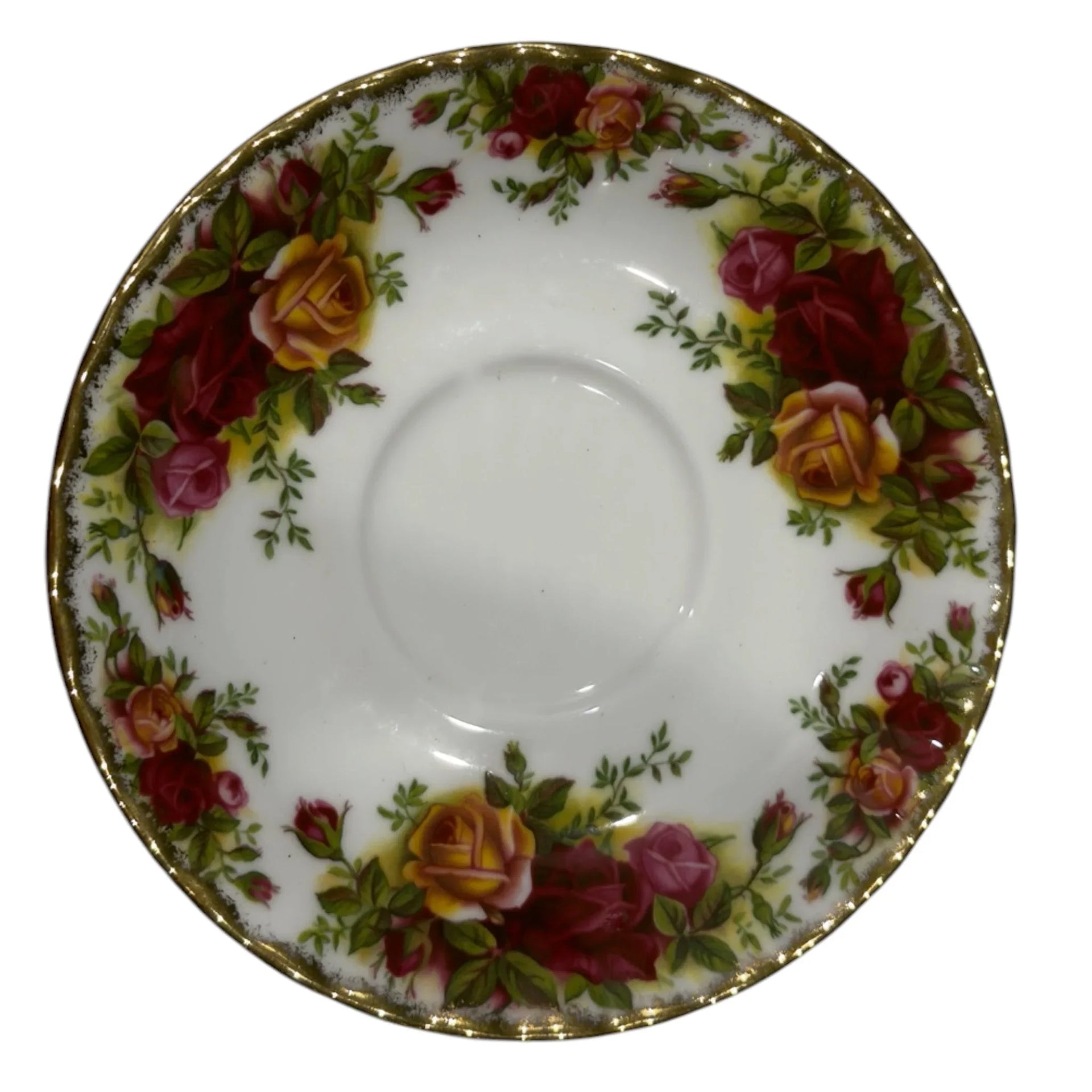 Vintage floral teacup saucer with red and yellow roses, gold trim, elegant home decor