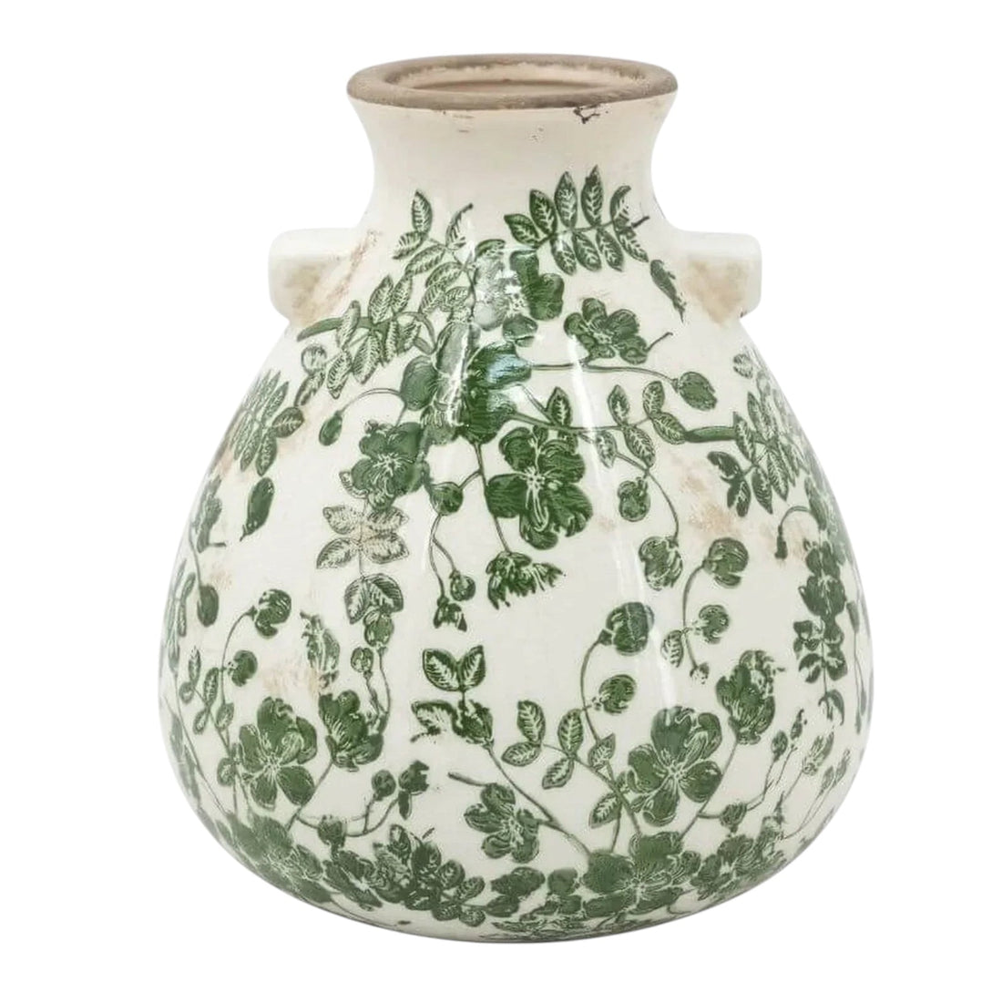 Darlin white ceramic vase with green floral patterns and small handles