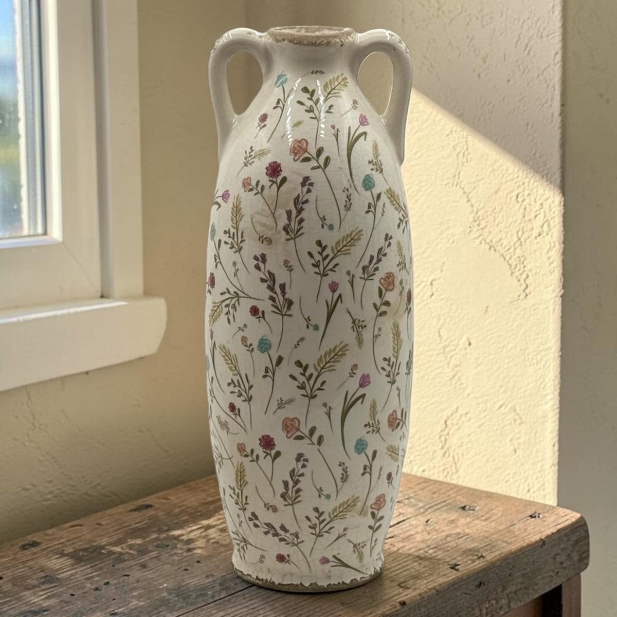 Wildflower Ceramic Amphora Vase — Twin Handle, Crackle Glaze, Pastel Floral, 39.5cm