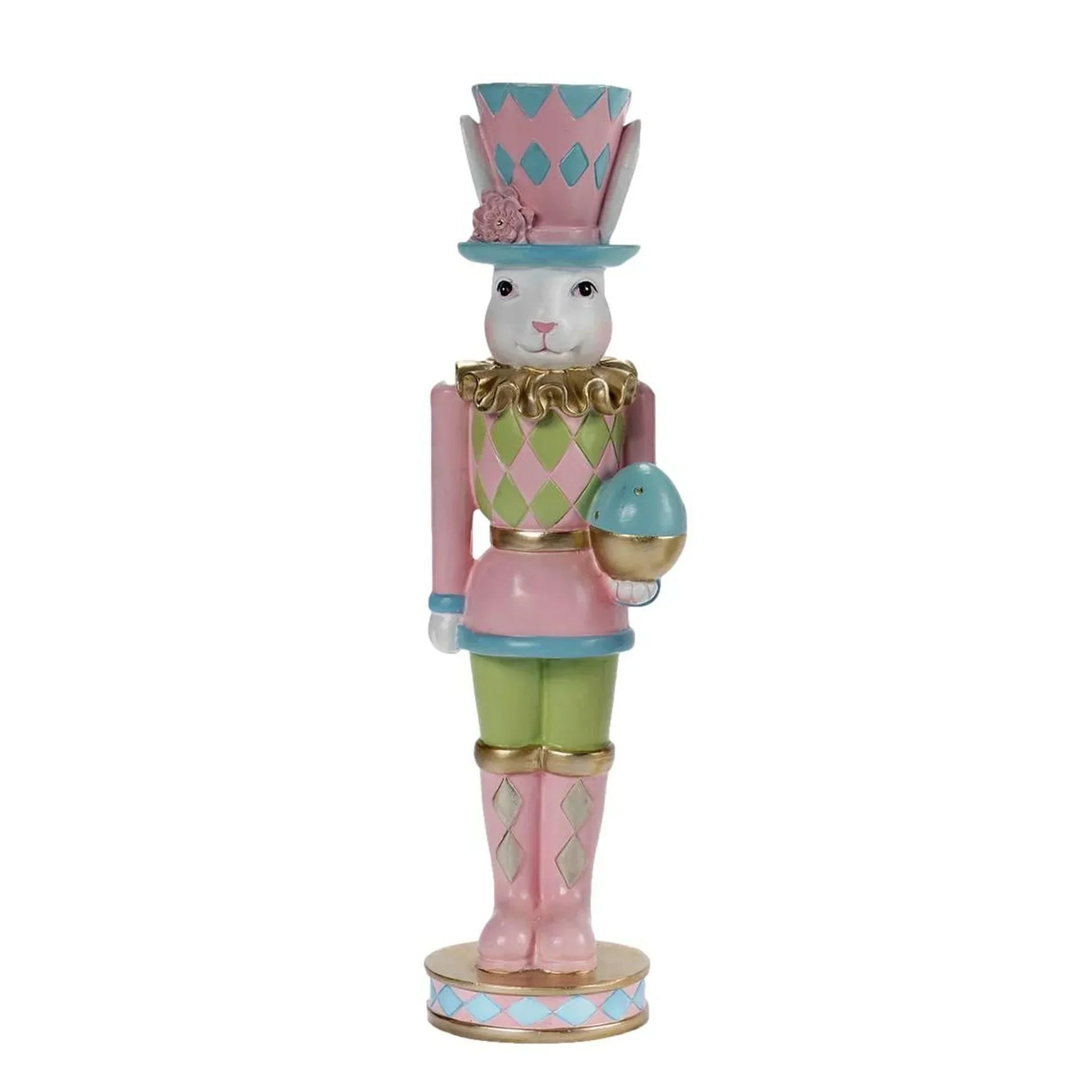 Pastel Easter bunny nutcracker holding egg, vintage home décor with pink, green, and blue harlequin design