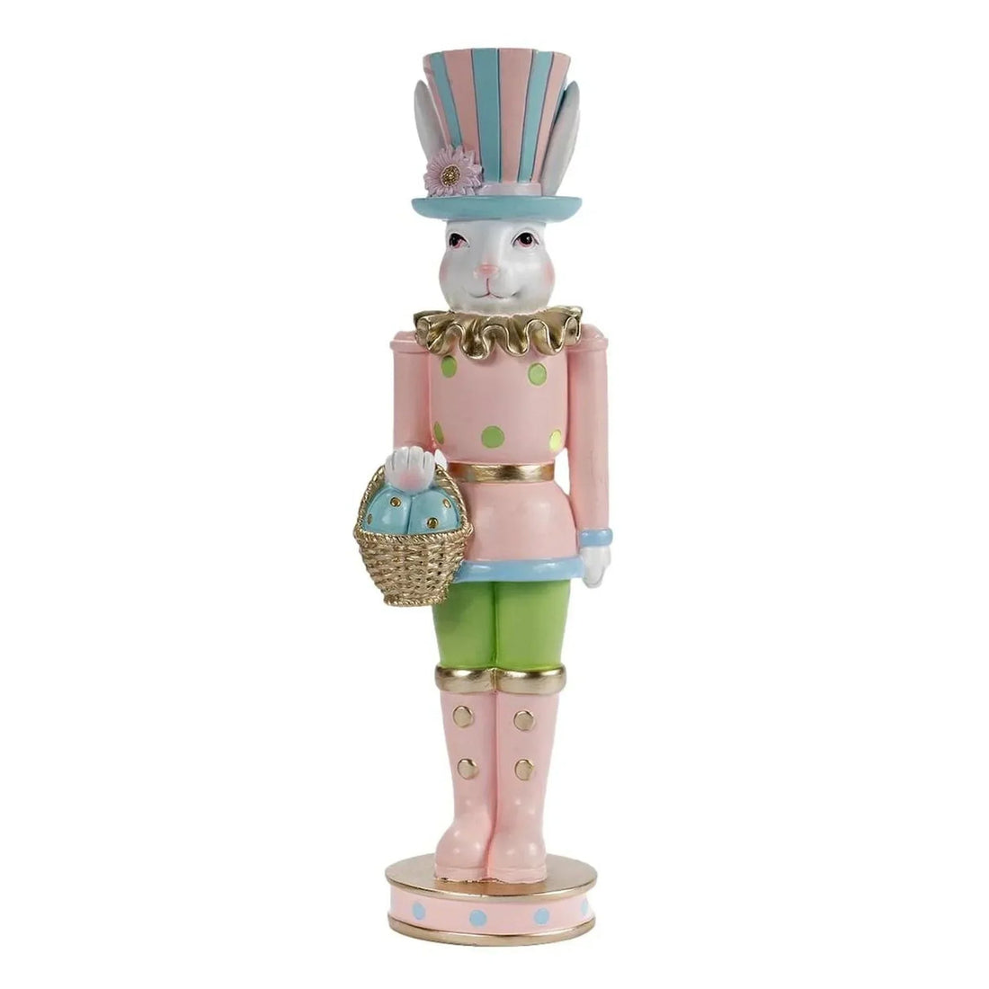 Pastel Easter bunny nutcracker holding egg basket, pink polka dot outfit, vintage home decor