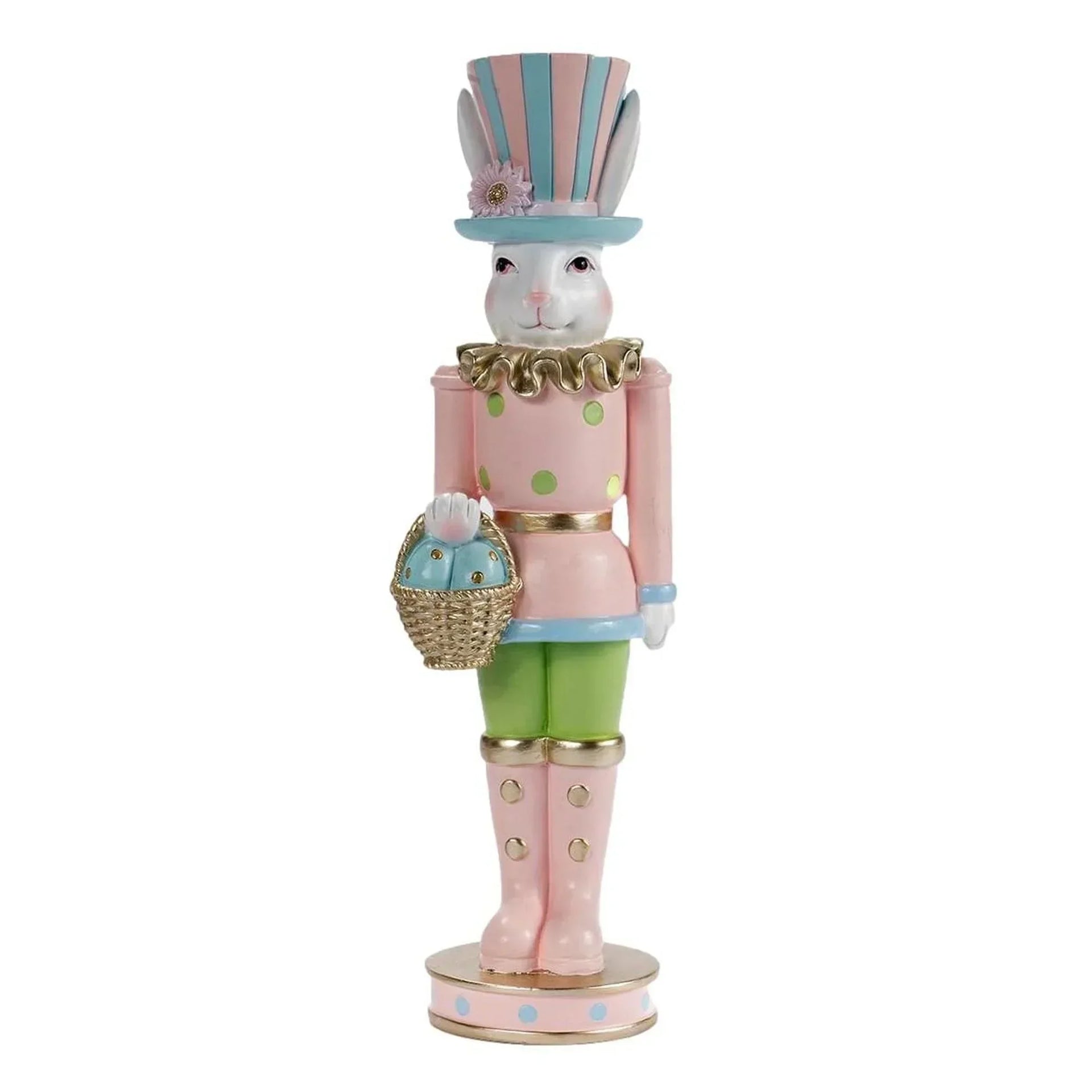 Pastel Easter bunny nutcracker holding egg basket, pink polka dot outfit, vintage home decor