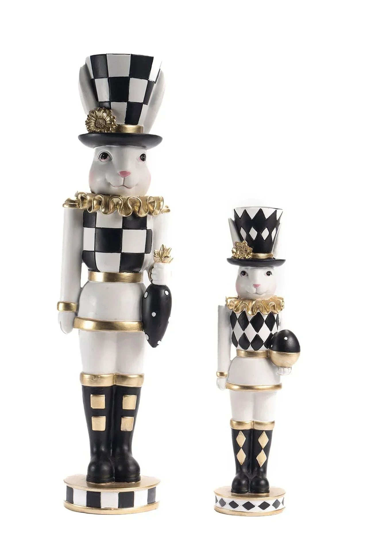 Black and white checkered rabbit nutcracker figurines with gold accents, elegant home décor
