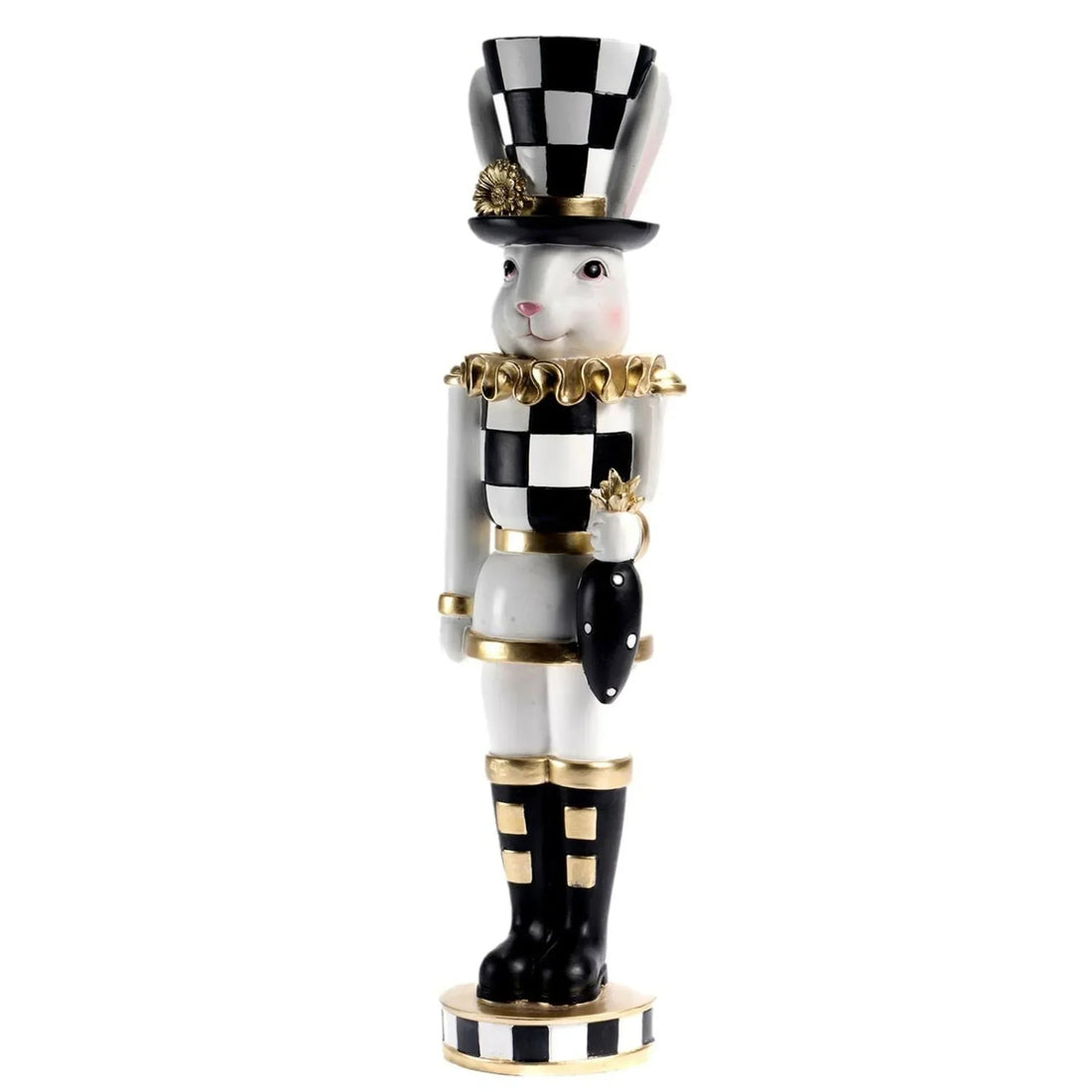 Elegant black and white checkered rabbit nutcracker with gold accents, vintage home décor accent piece