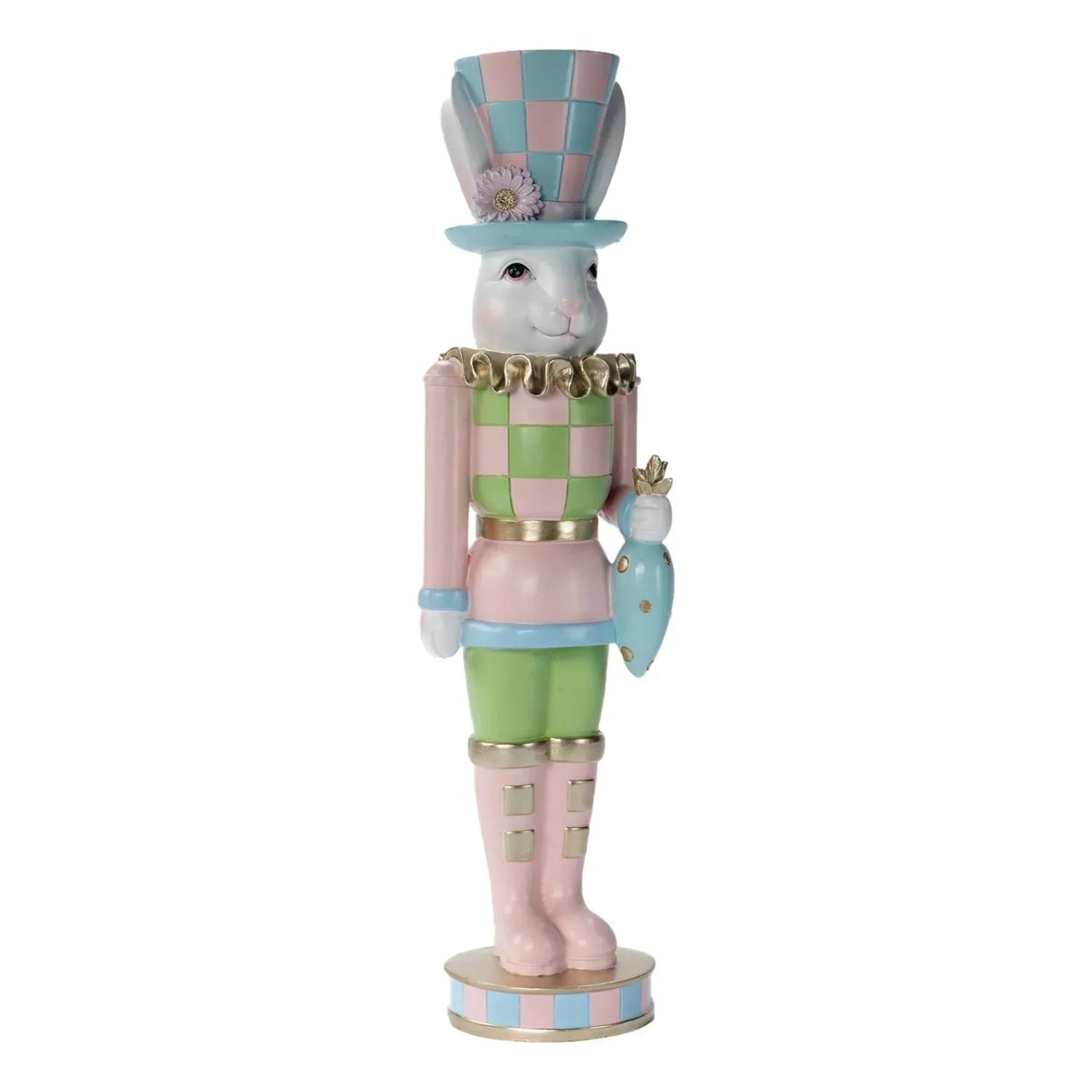 Pastel Easter bunny nutcracker with checkered hat and carrot, home décor accent piece