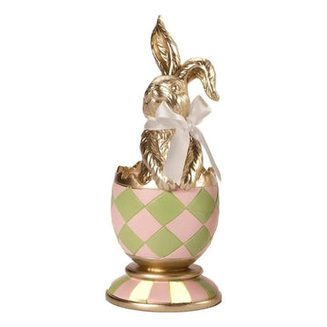 Gold bunny figurine in pastel checkered egg, Easter home decor with white bow
