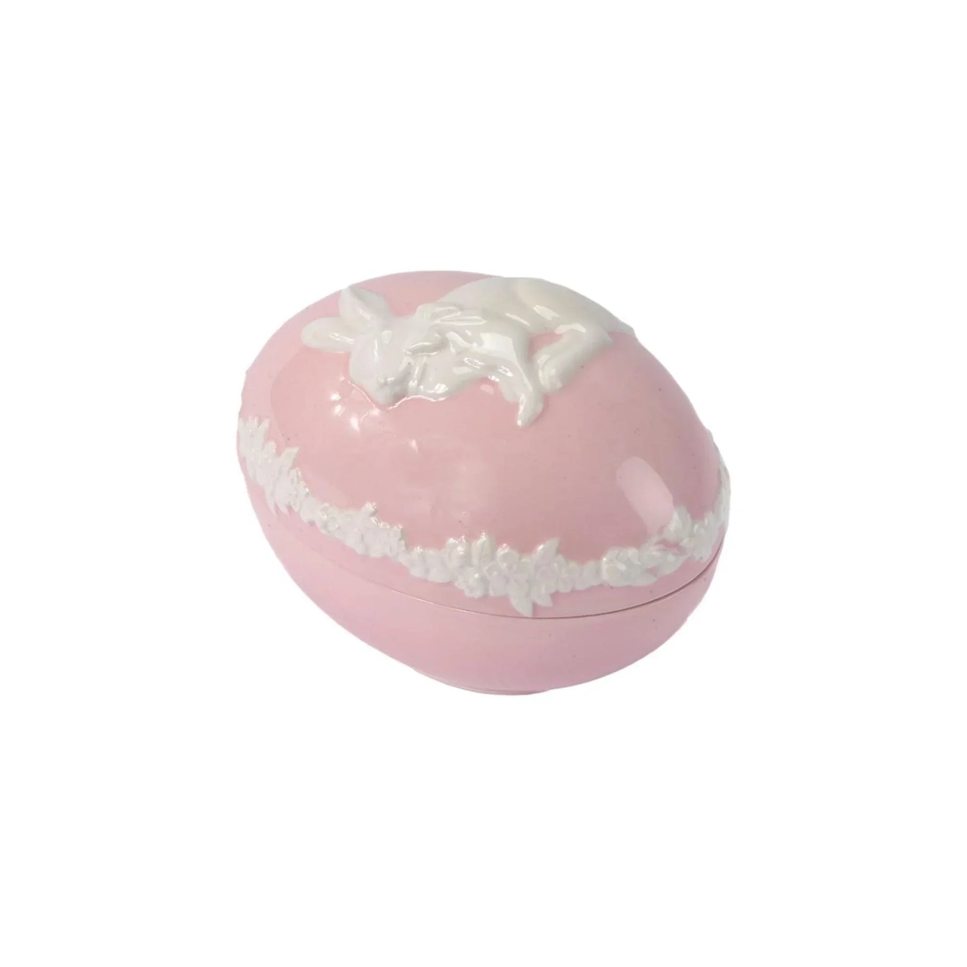 Pink ceramic egg box with white bunny and floral trim, elegant home décor accent