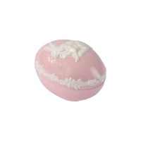 Pink ceramic egg box with white bunny and floral trim, elegant home décor accent
