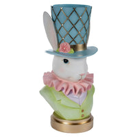 Elegant bunny figurine in top hat with gold lattice, pink ruffle collar, and green vest for home décor