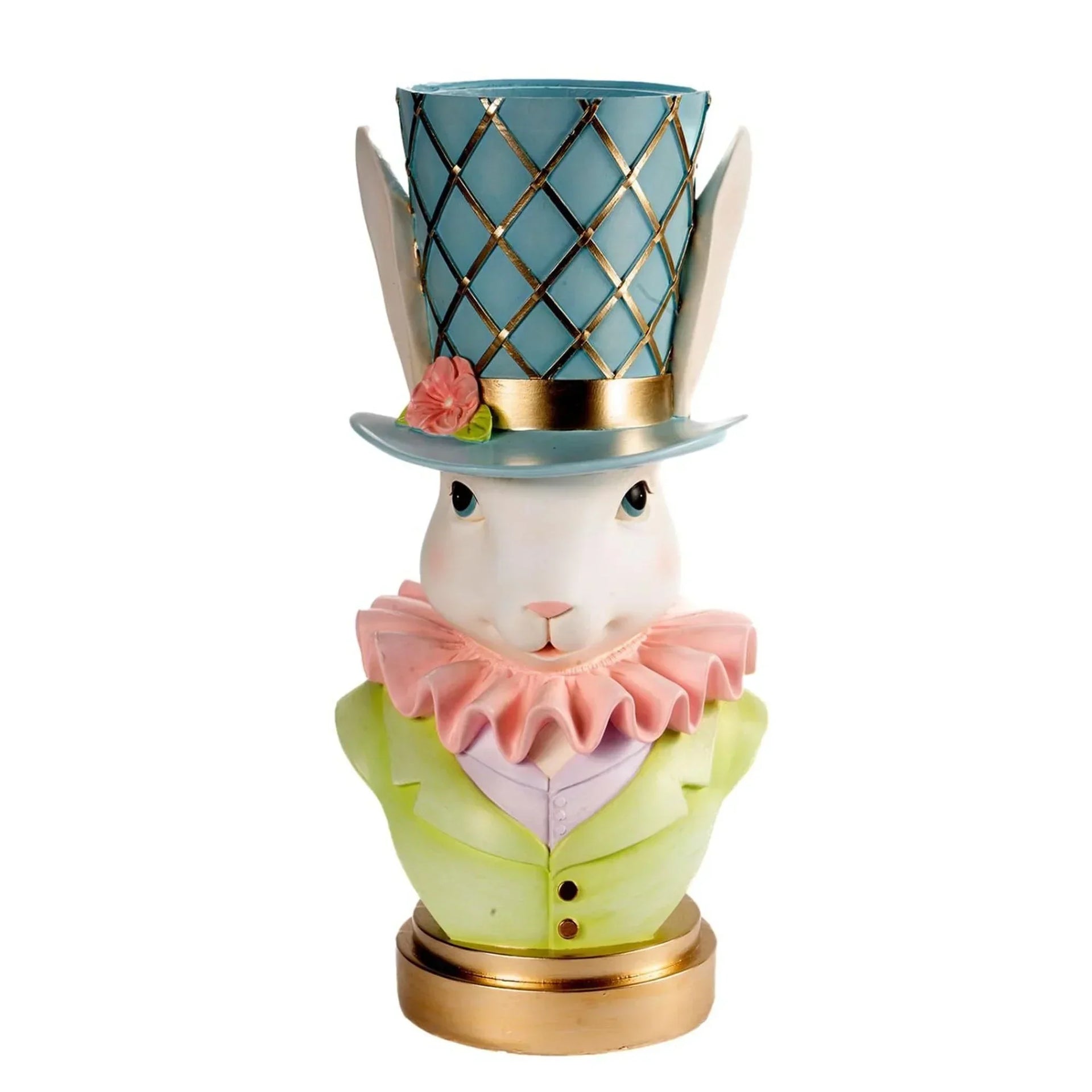 Elegant bunny figurine in top hat and ruffled collar, vintage home décor accent piece