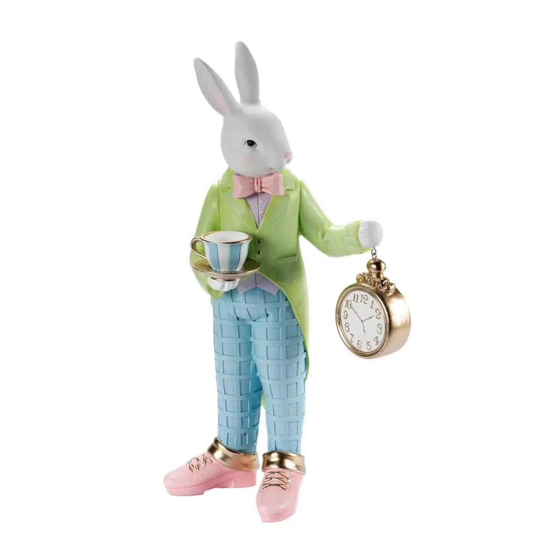 Charming white rabbit figurine in green coat, holding teacup and gold pocket watch, vintage home décor accent