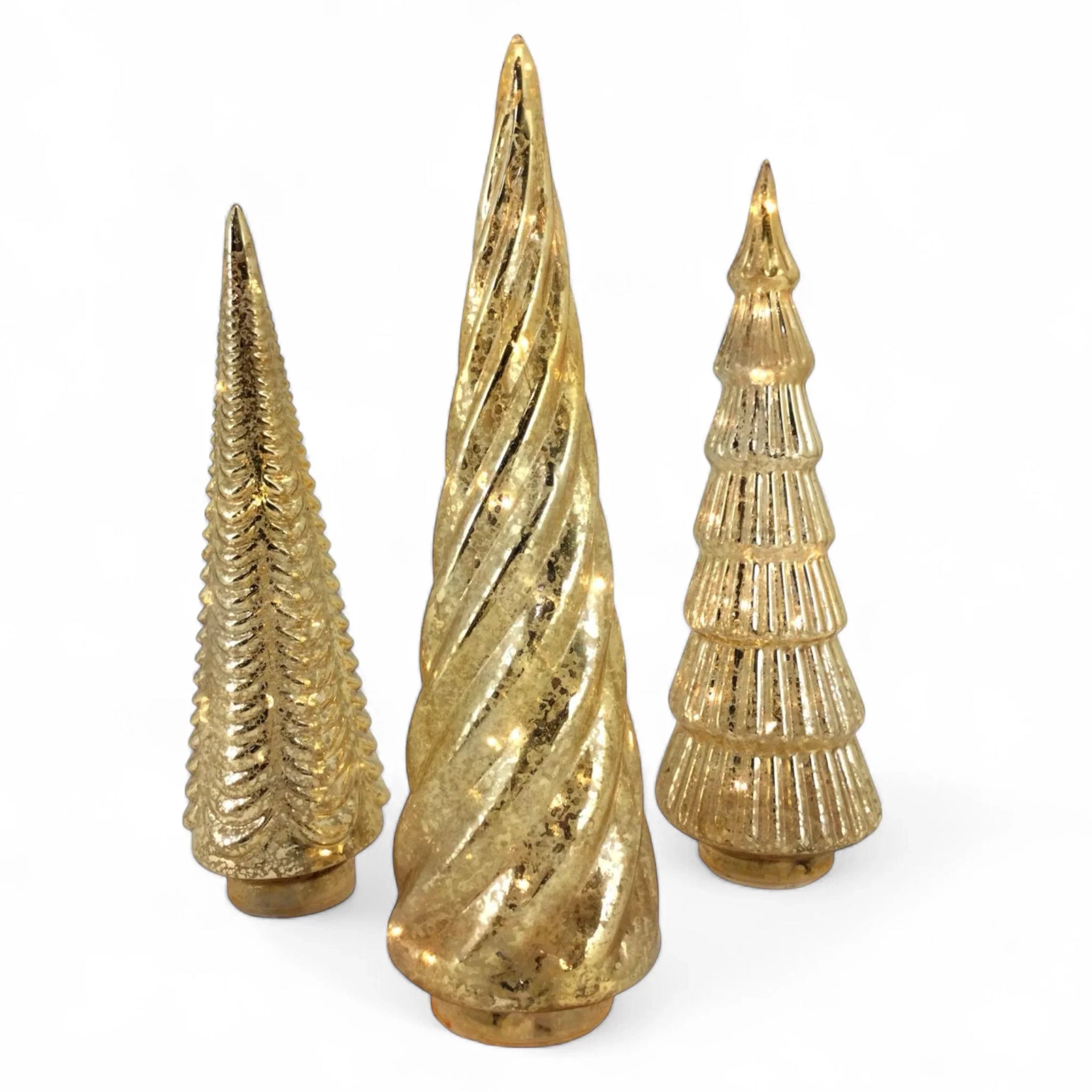 Set 3 Golden Glass LED Trees - 36x10.5cm; 34x11.5cm; 32x9.5cm