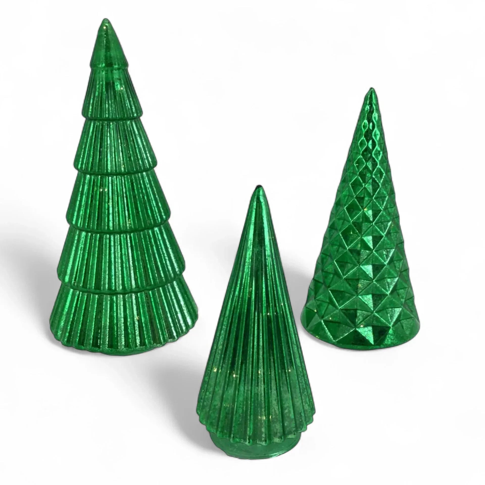 Set 3 Green Glass Trees - 20x9cm; 30x14.5cm; 24x11.5cm