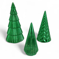 Set of three green glitter Christmas tree decorations with textured designs for festive home décor