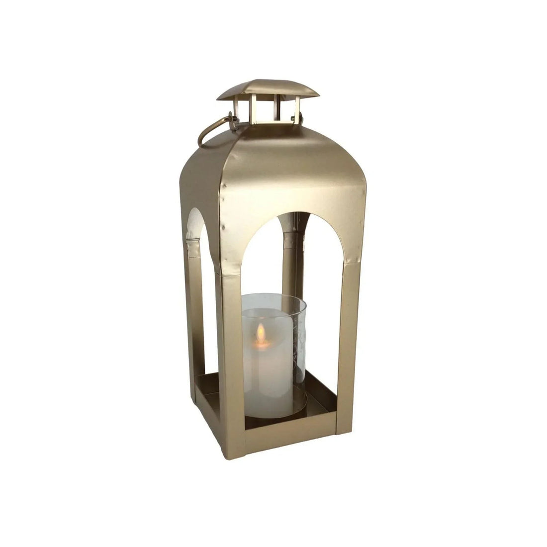 Gold metal lantern with arched cutouts holding a lit candle, elegant home décor accent