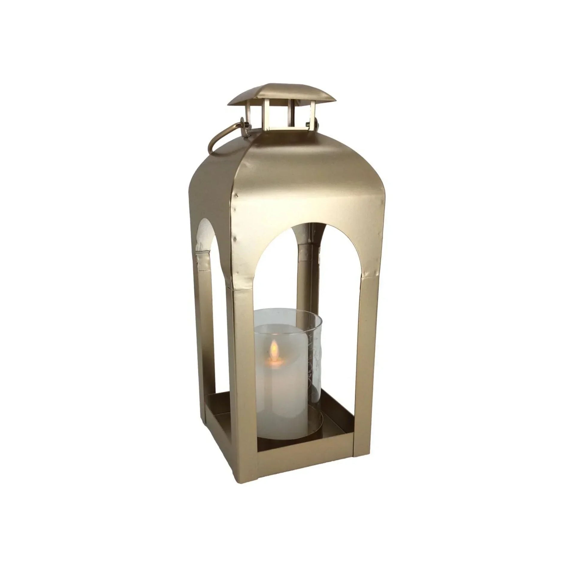 Gold metal lantern with arched cutouts holding a lit candle, elegant home décor accent