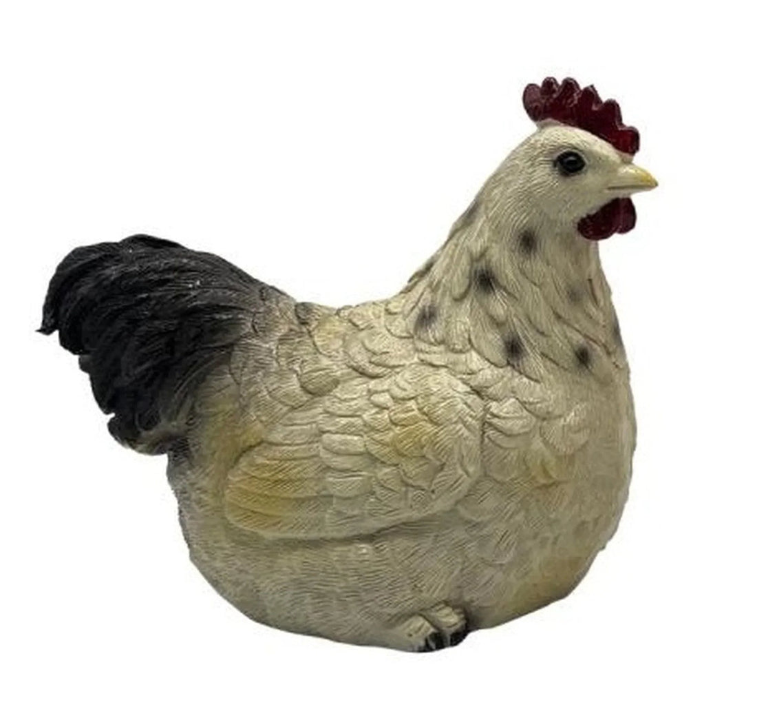 White speckled hen figurine with red comb, rustic farmhouse home décor accent piece
