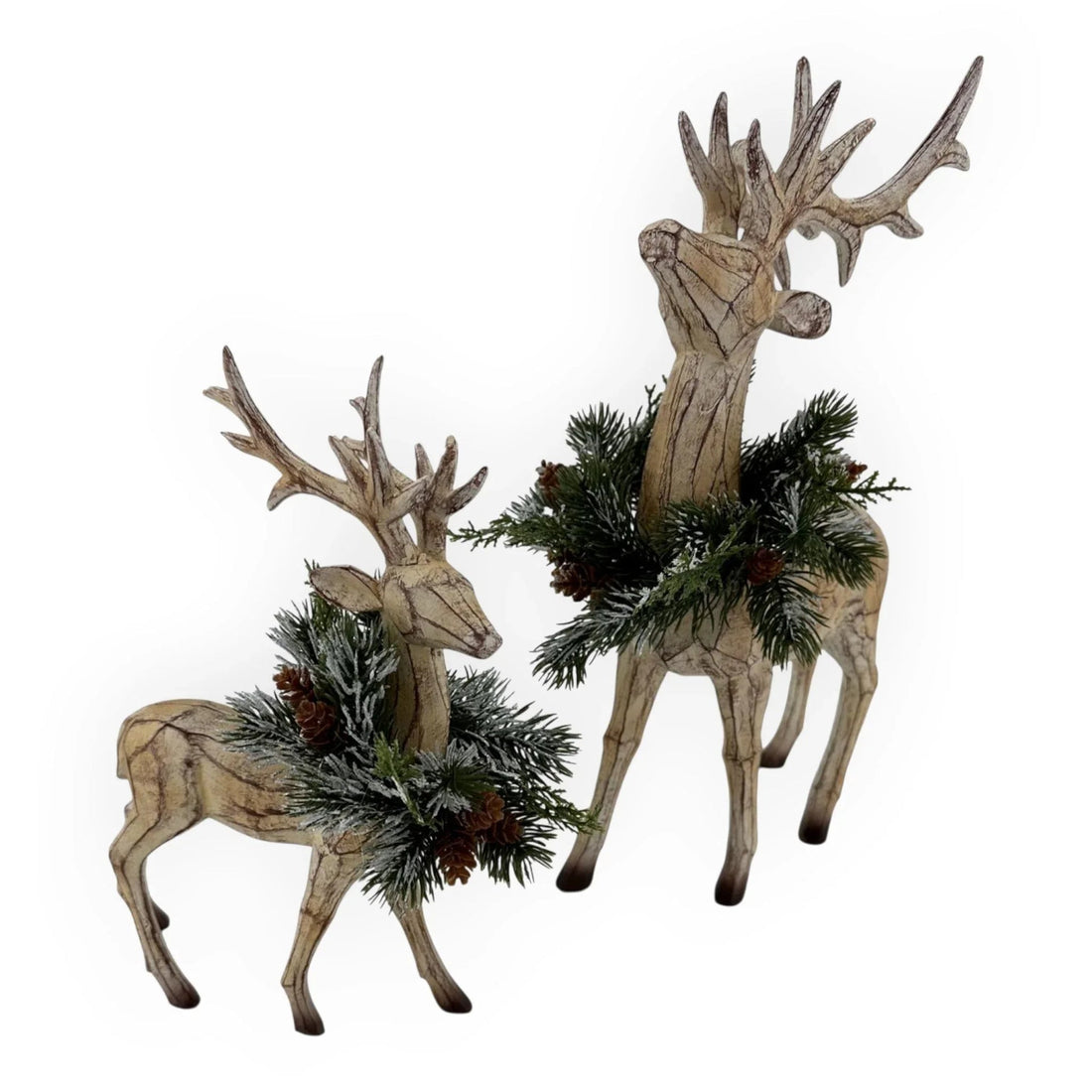 Rustic wooden reindeer statues with frosted pine wreaths, perfect for Christmas home décor and festive holiday displays.