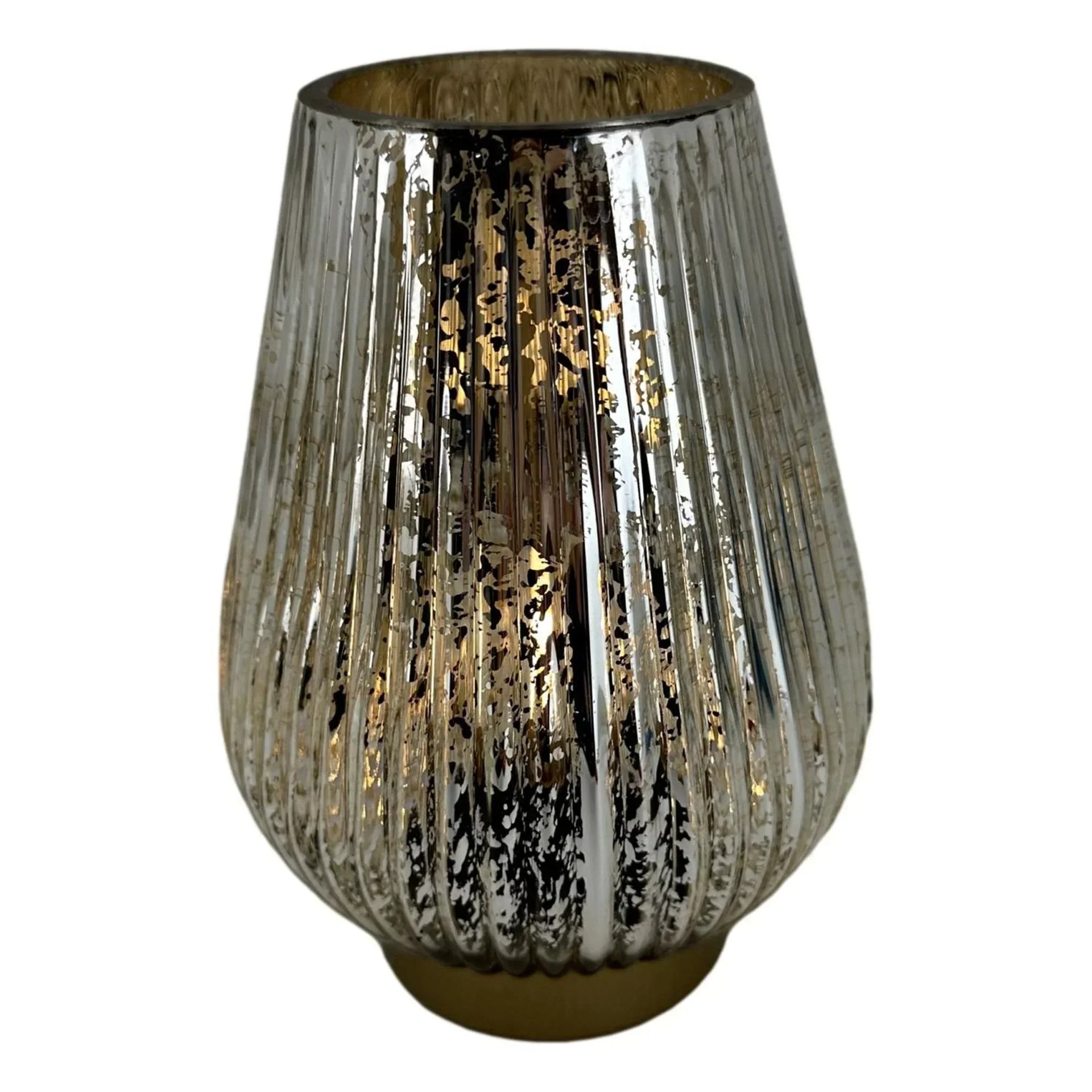 Silver mercury glass vase with ribbed texture and gold base, elegant home decor accent piece