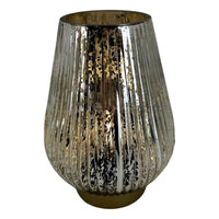 Silver mercury glass vase with ribbed texture and gold base, elegant home decor accent piece