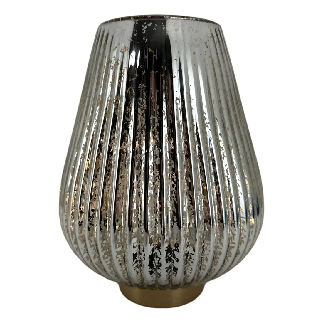 Silver mercury glass vase with ribbed texture and gold base, elegant home décor accent piece