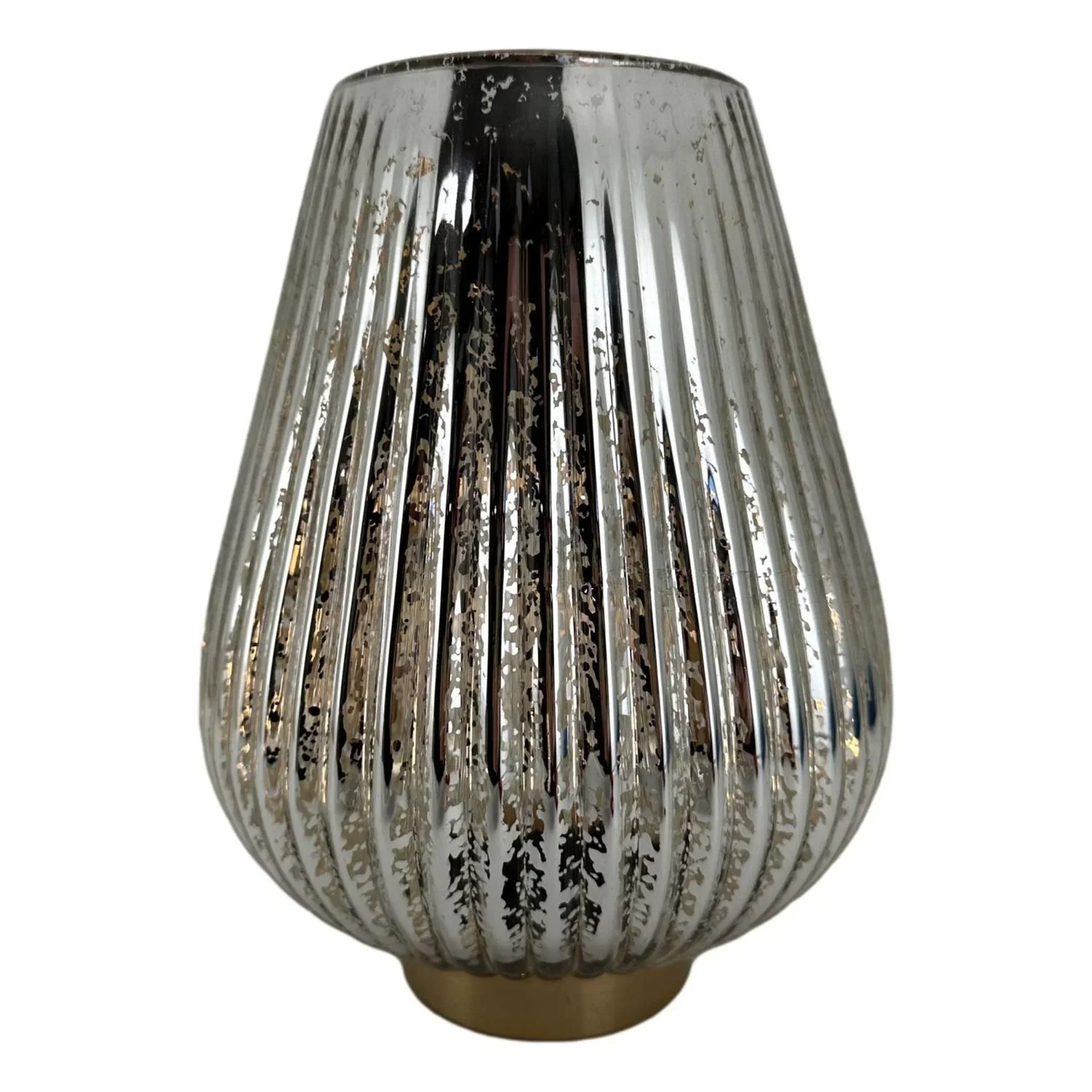 Silver mercury glass vase with ribbed texture and gold base, elegant home décor accent piece