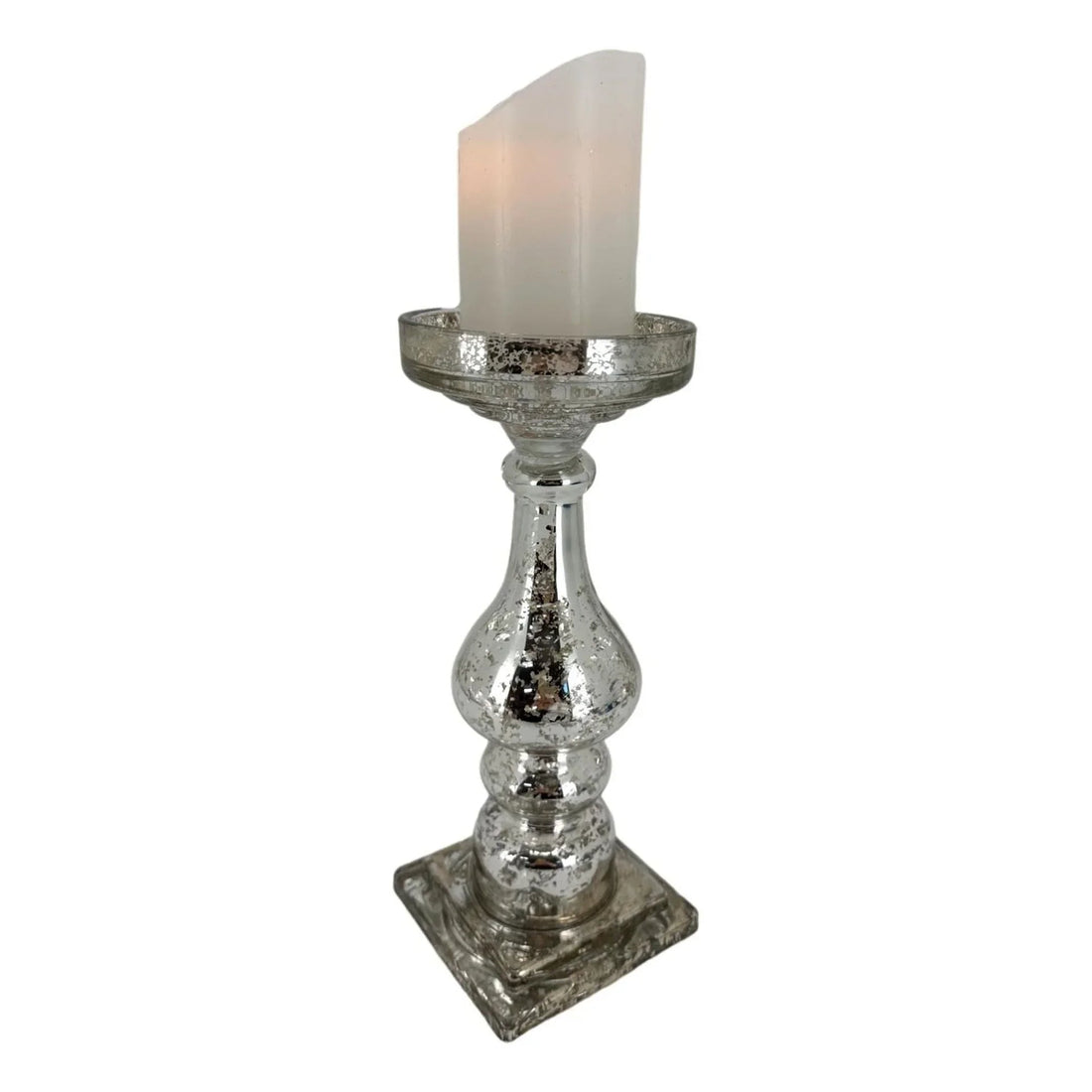 Mercury glass candle holder with vintage-style silver finish and white pillar candle, elegant home décor accent