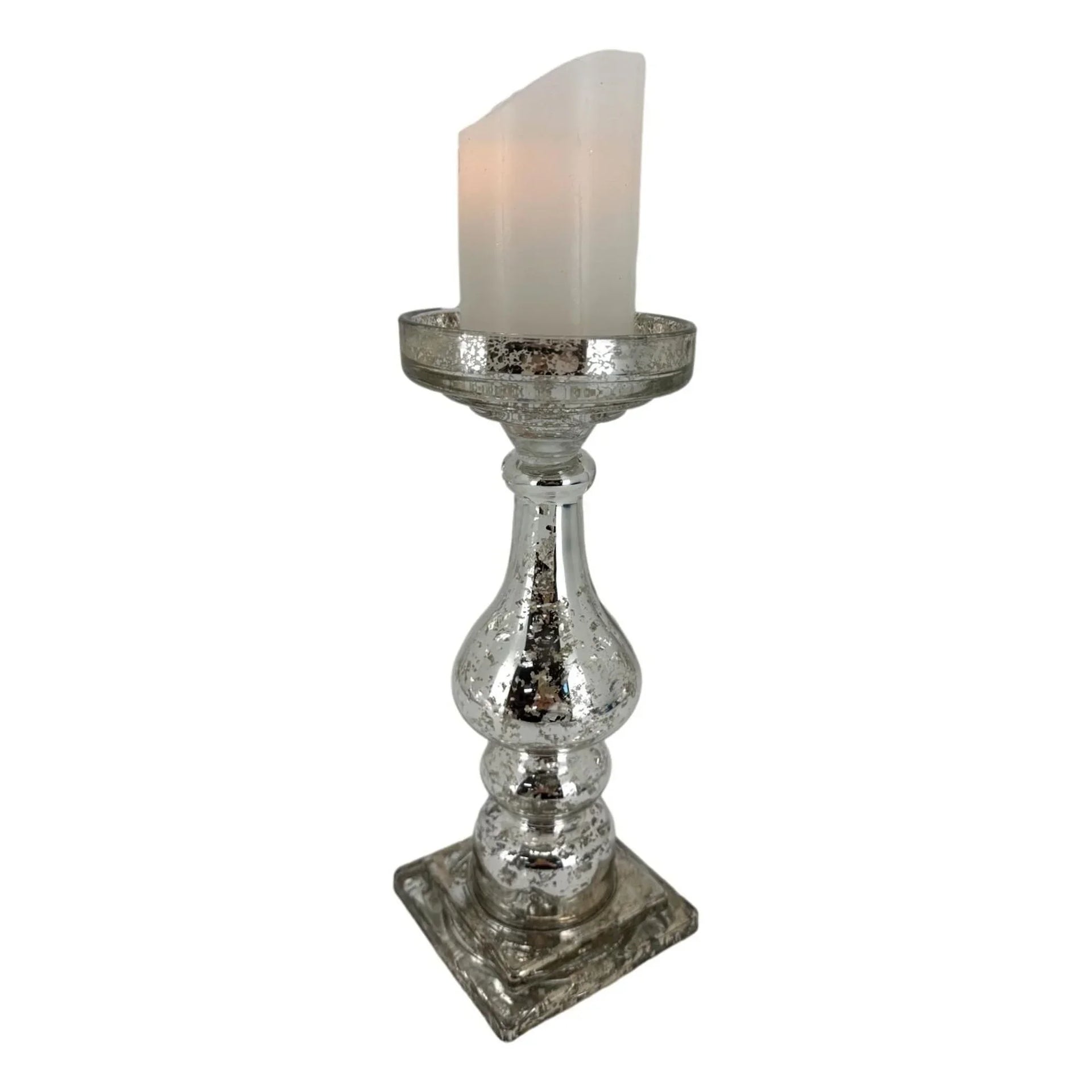 Mercury glass candle holder with vintage-style silver finish and white pillar candle, elegant home décor accent