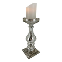Mercury glass candle holder with vintage-style silver finish and white pillar candle, elegant home décor accent