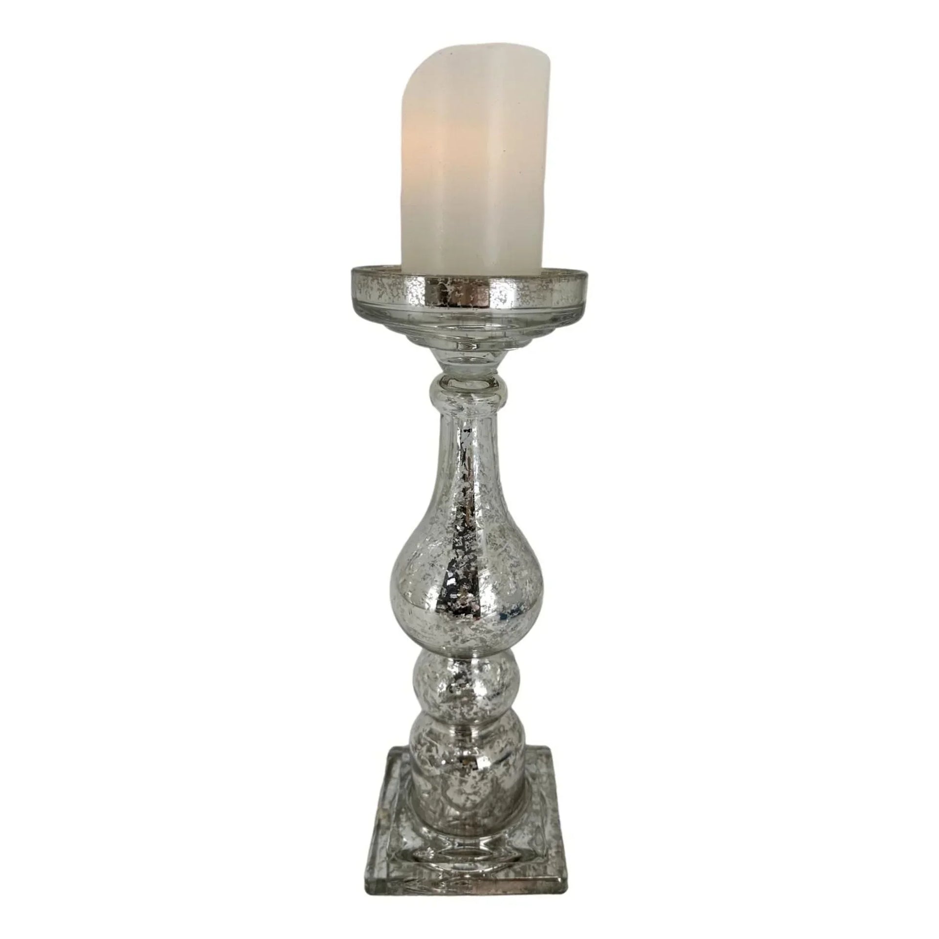 Mercury glass candle holder with vintage-inspired design, perfect for elegant home décor and ambient lighting.